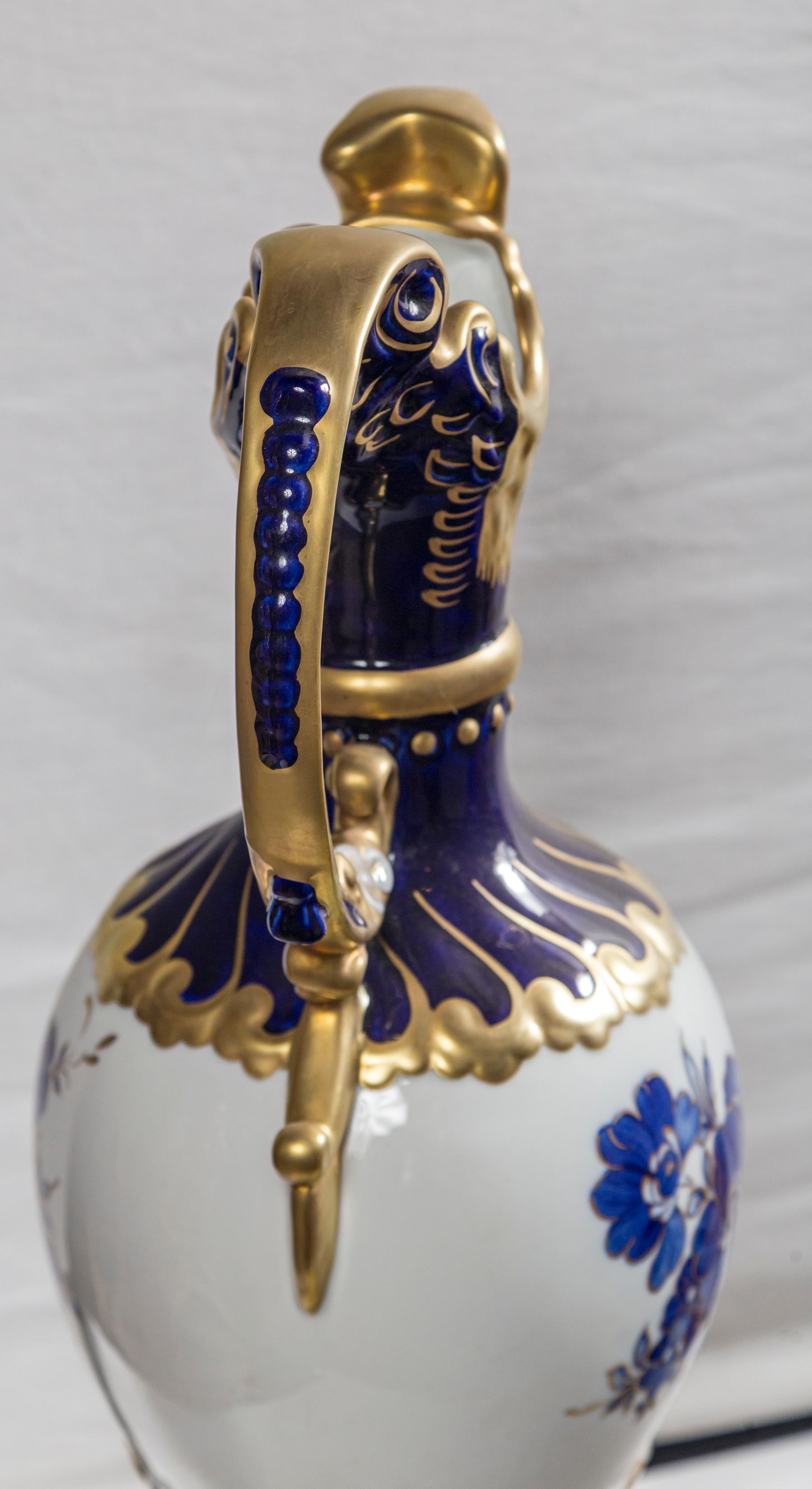 20th Century Pair of Bohemian Royal Dux Blue, White and Gold Double Handled Vases