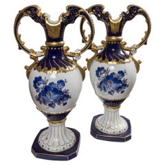 Pair of Bohemian Royal Dux Blue, White and Gold Double Handled Vases