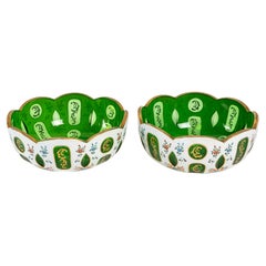 Pair of Bohemian White and Green Overlay Crystal Bowls