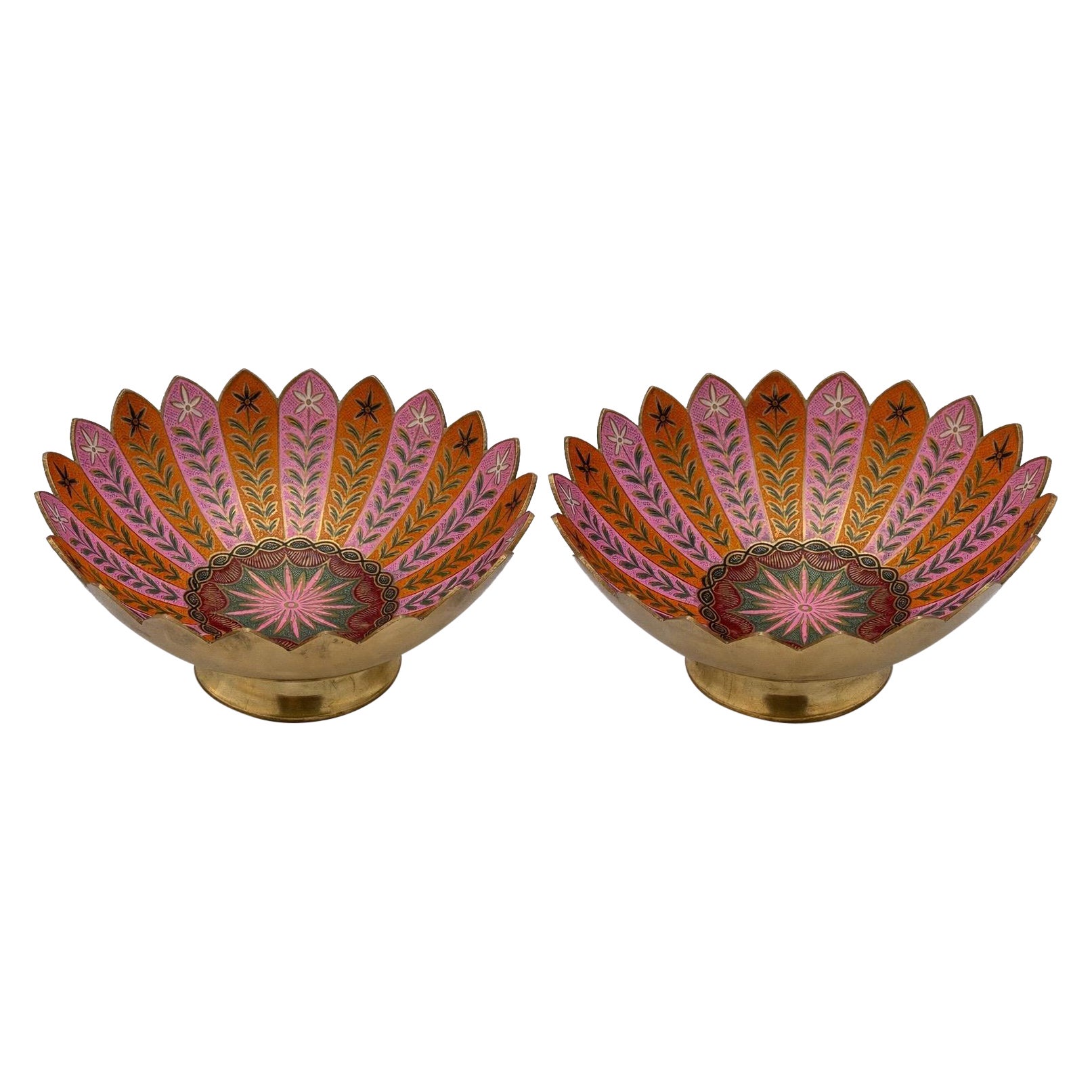 Pair of Boho Brass & Pink Enameled Lotus Bowls by Sarreid Ltd. For Sale