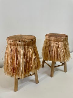 Pair of Boho Chic Raffia Skirt with Jute Seat Stools