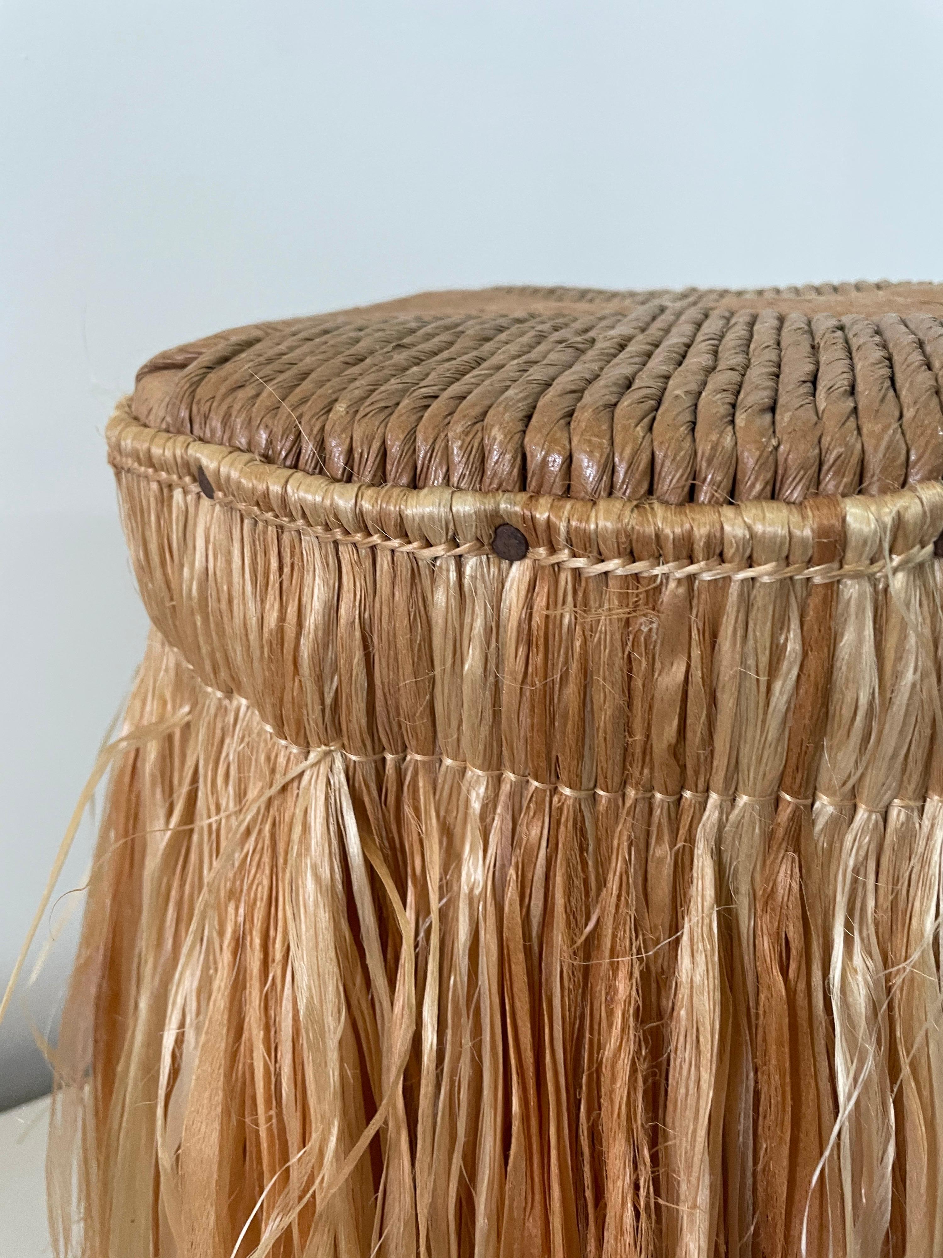 Bohemian Pair of Boho Chic Raffia Skirt with Jute Seat Stools