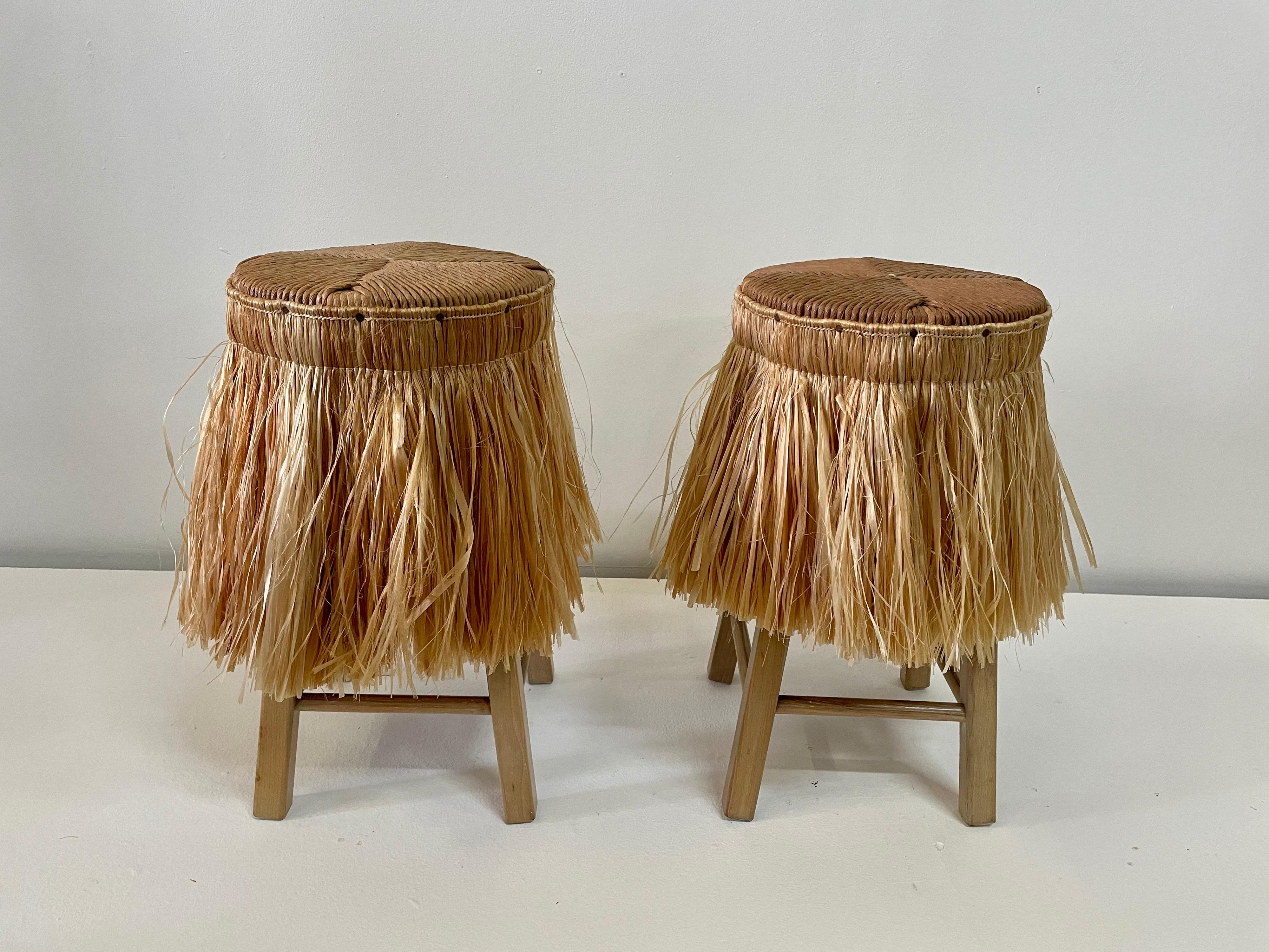 Pair of Boho Chic Raffia Skirt with Jute Seat Stools In Good Condition In East Hampton, NY