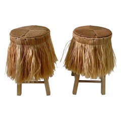 Pair of Boho Chic Raffia Skirt with Jute Seat Stools