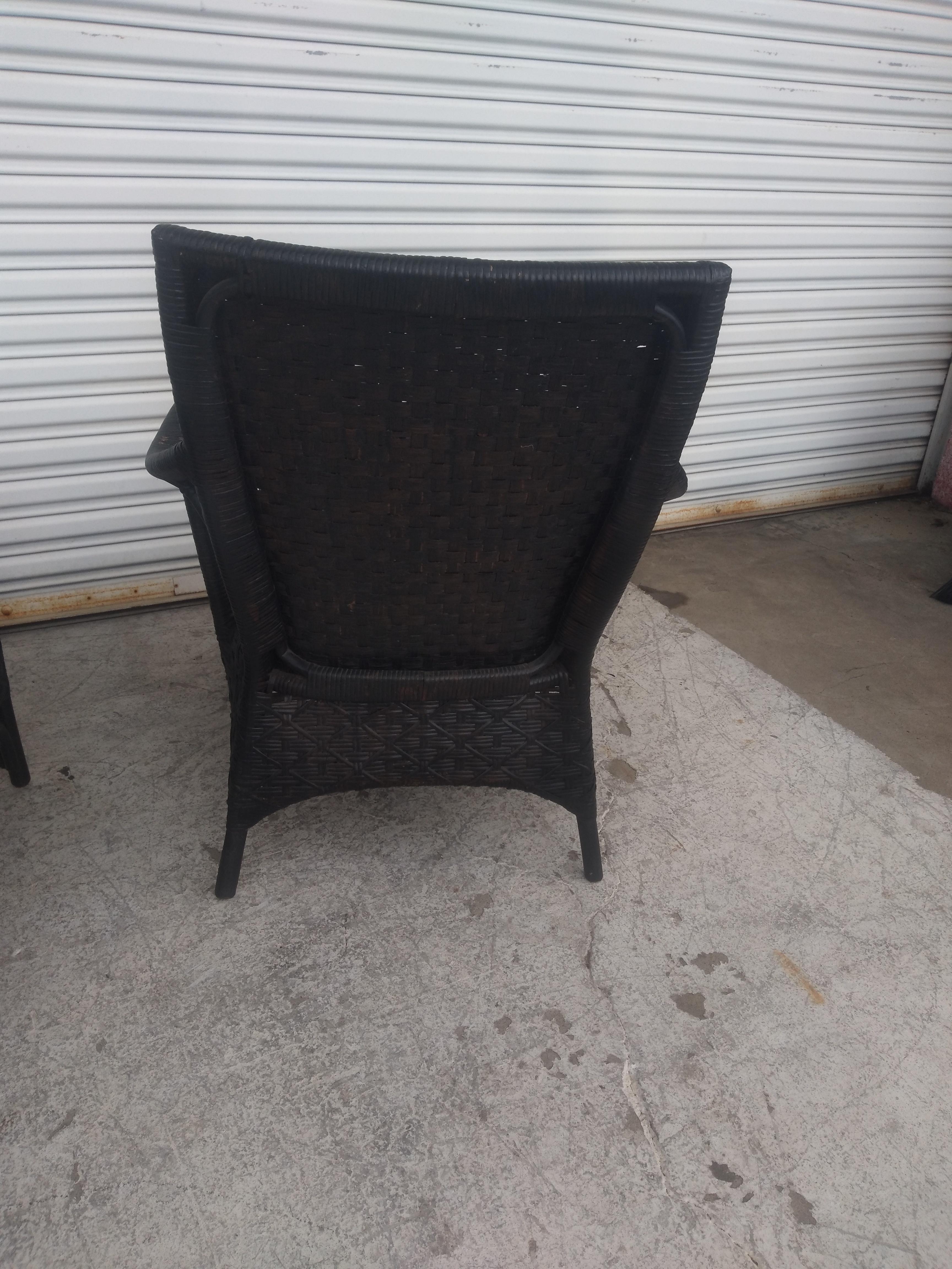 Hand-Woven Pair of Boho Chic Rattan and Bamboo Lounge Chairs For Sale