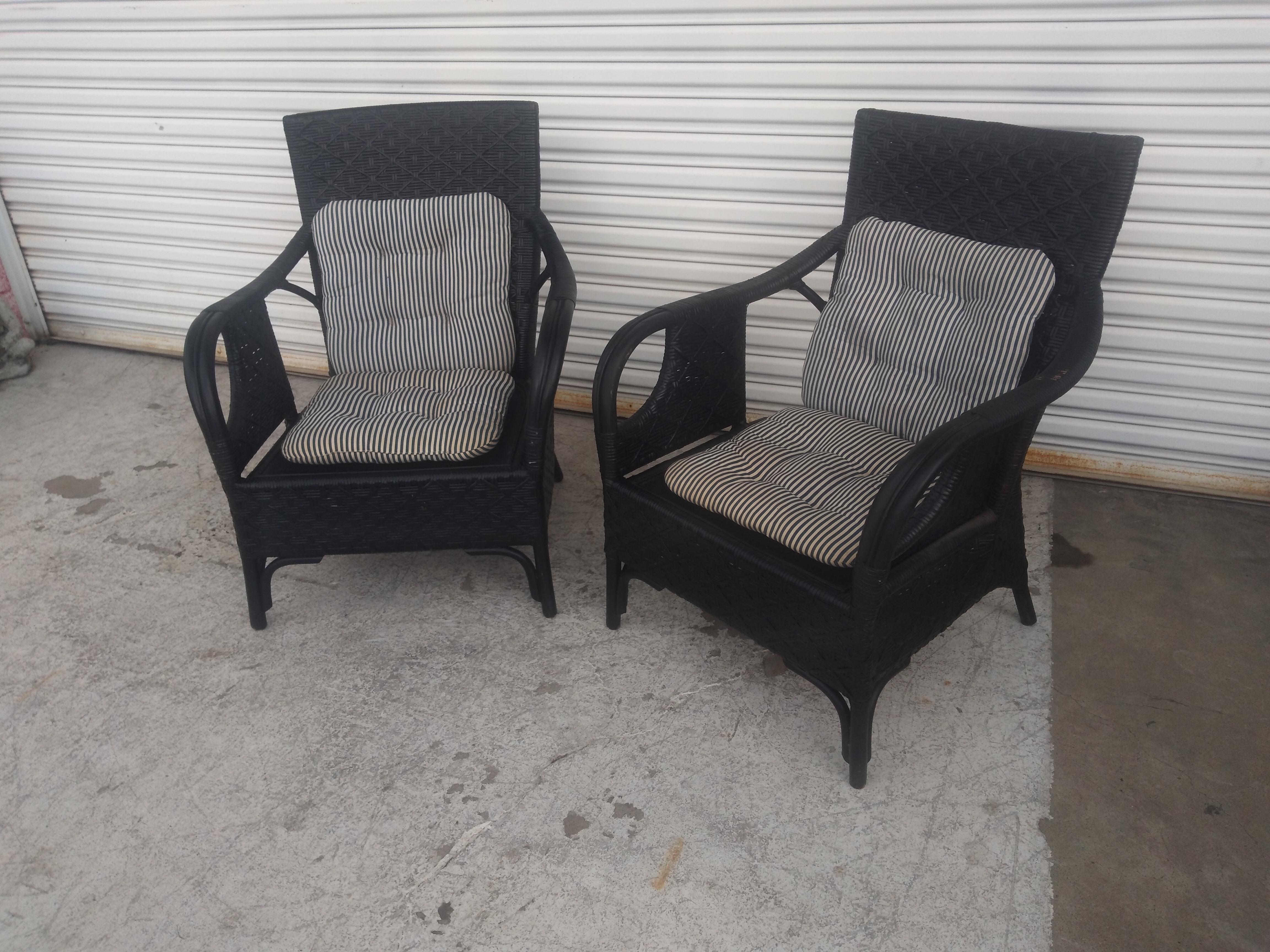 Pair of Boho Chic Rattan and Bamboo Lounge Chairs For Sale 1