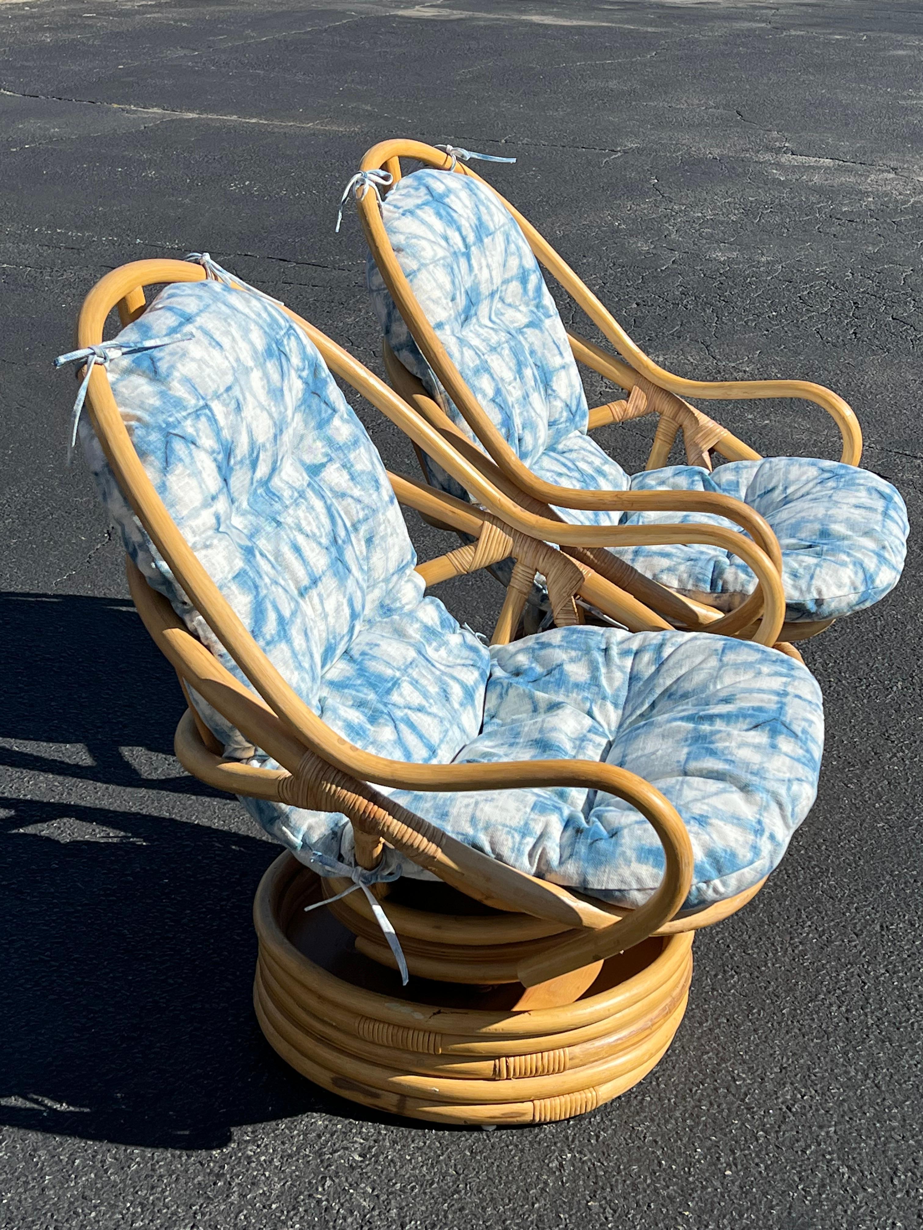 Pair of Boho Rattan Bamboo Swivel Chairs For Sale 2