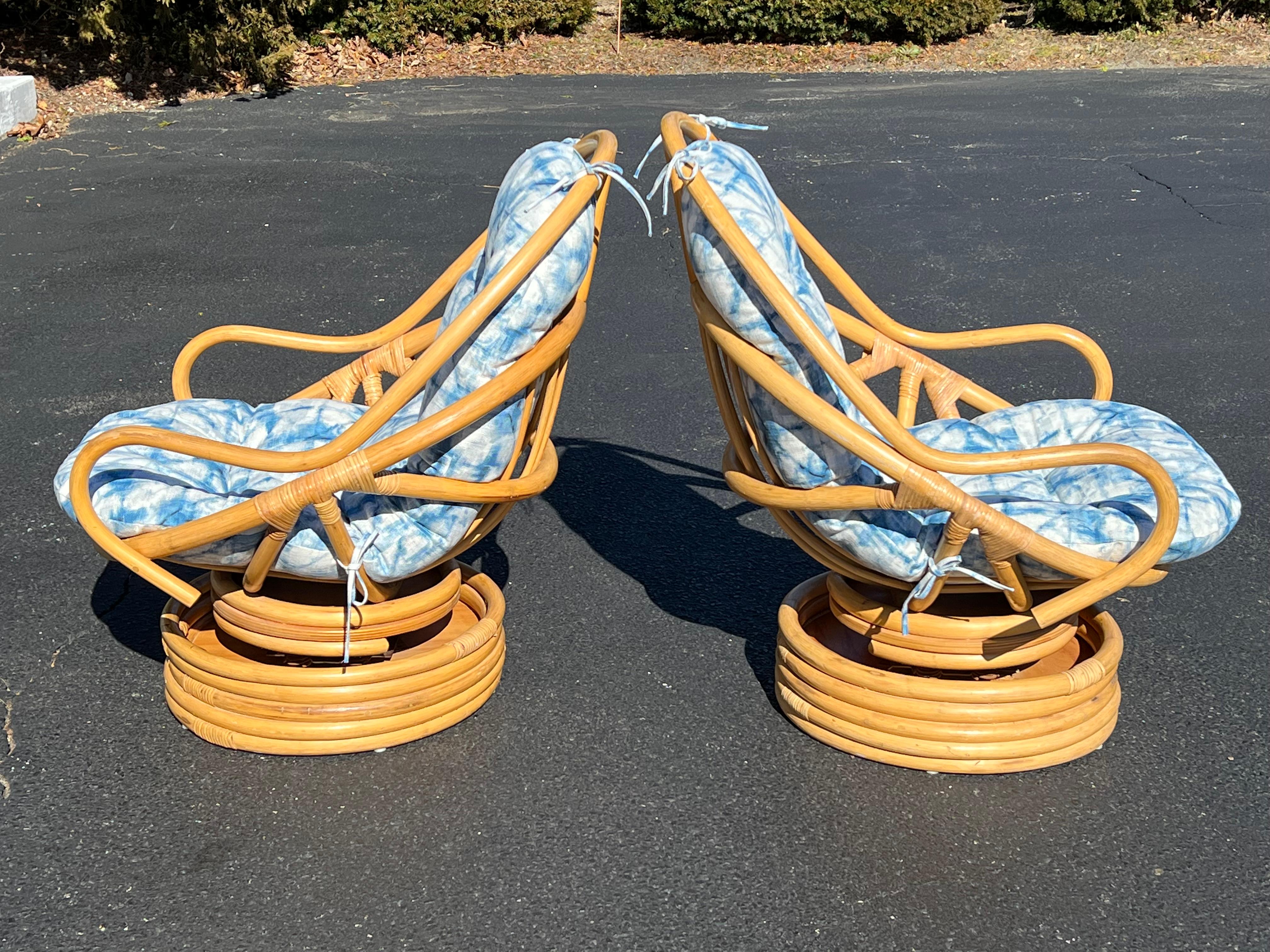 Pair of Boho Rattan Bamboo Swivel Chairs For Sale 3