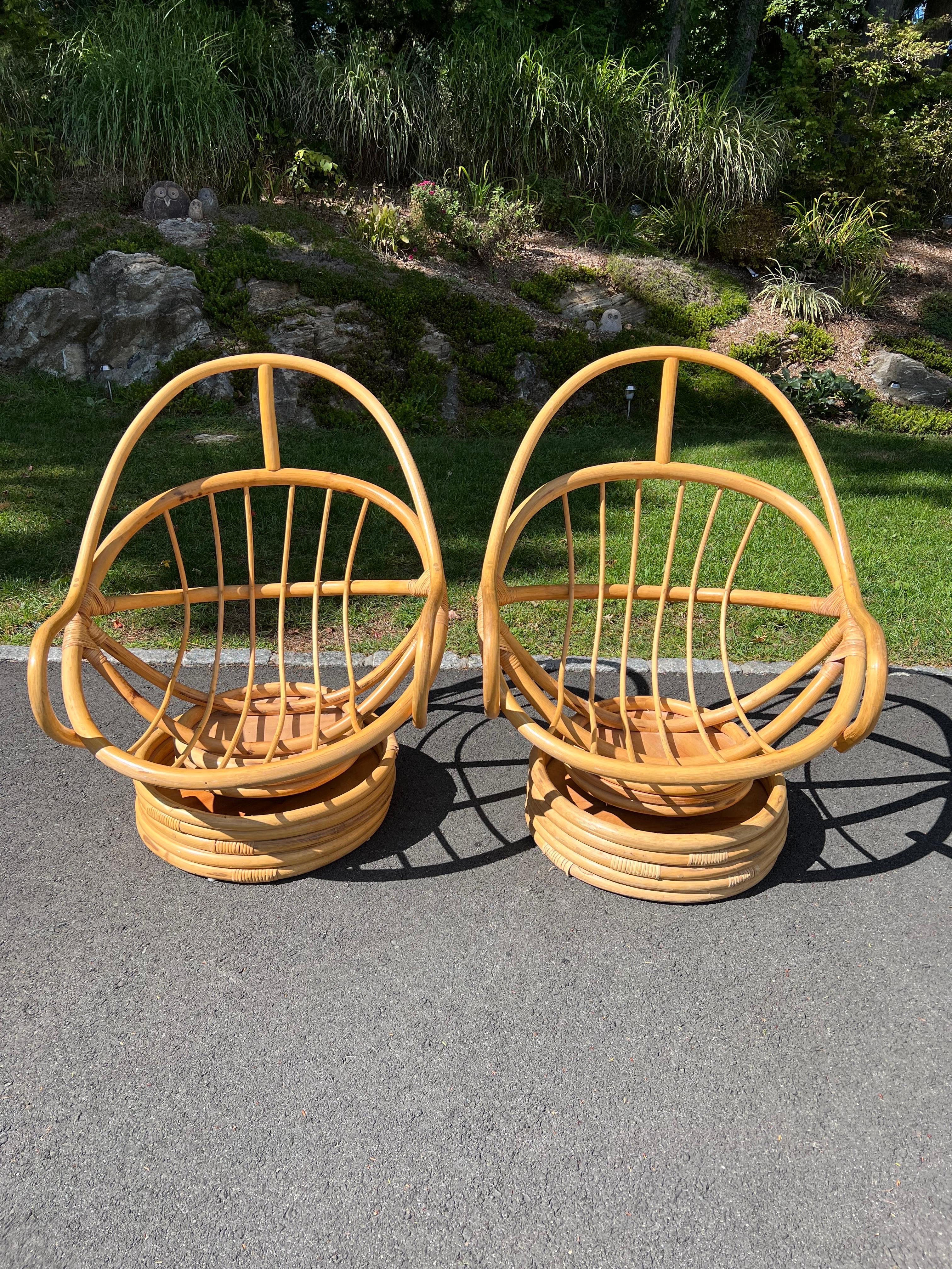 Pair of Boho Rattan Bamboo Swivel Chairs For Sale 7