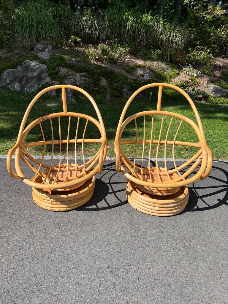 Pair of Boho Rattan Bamboo Swivel Chairs For Sale at 1stDibs