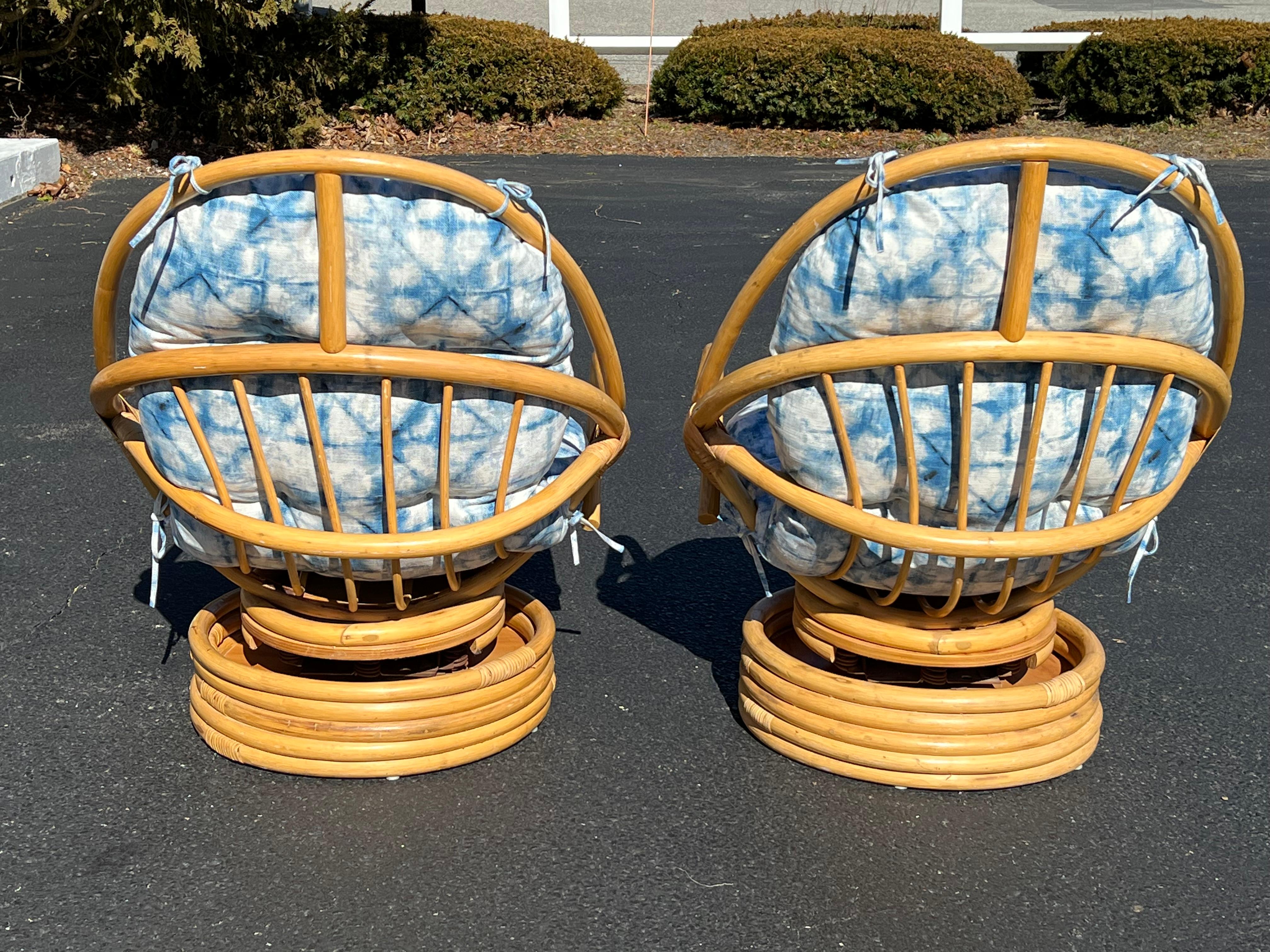Pair of Boho Rattan Bamboo Swivel Chairs For Sale 4