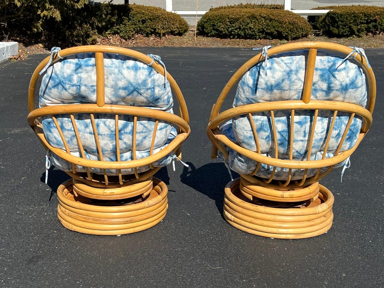 Pair of Boho Rattan Bamboo Swivel Chairs For Sale at 1stDibs