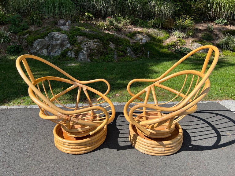 Pair of Boho Rattan Bamboo Swivel Chairs For Sale at 1stDibs