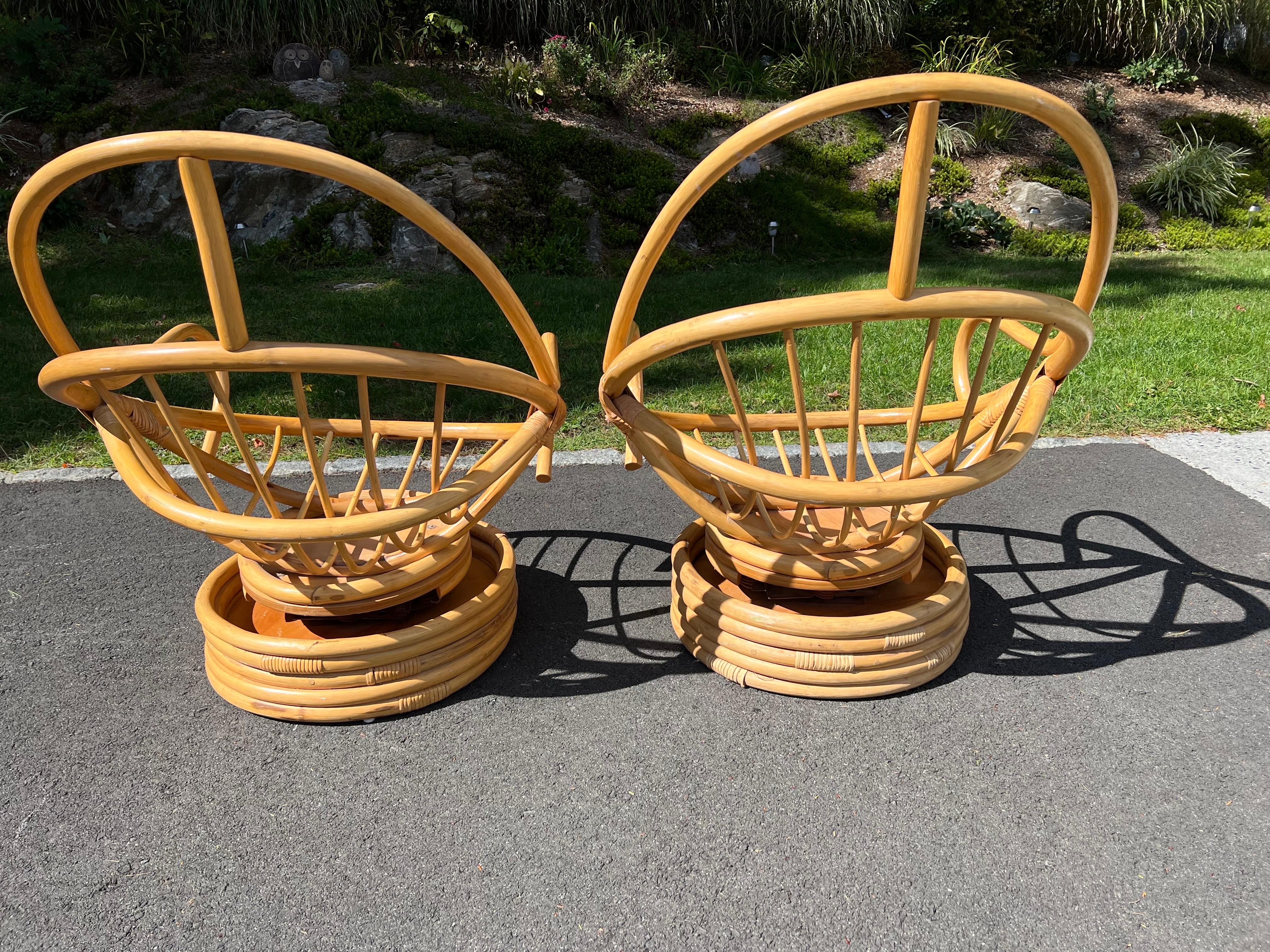 Pair of Boho Rattan Bamboo Swivel Chairs For Sale 10