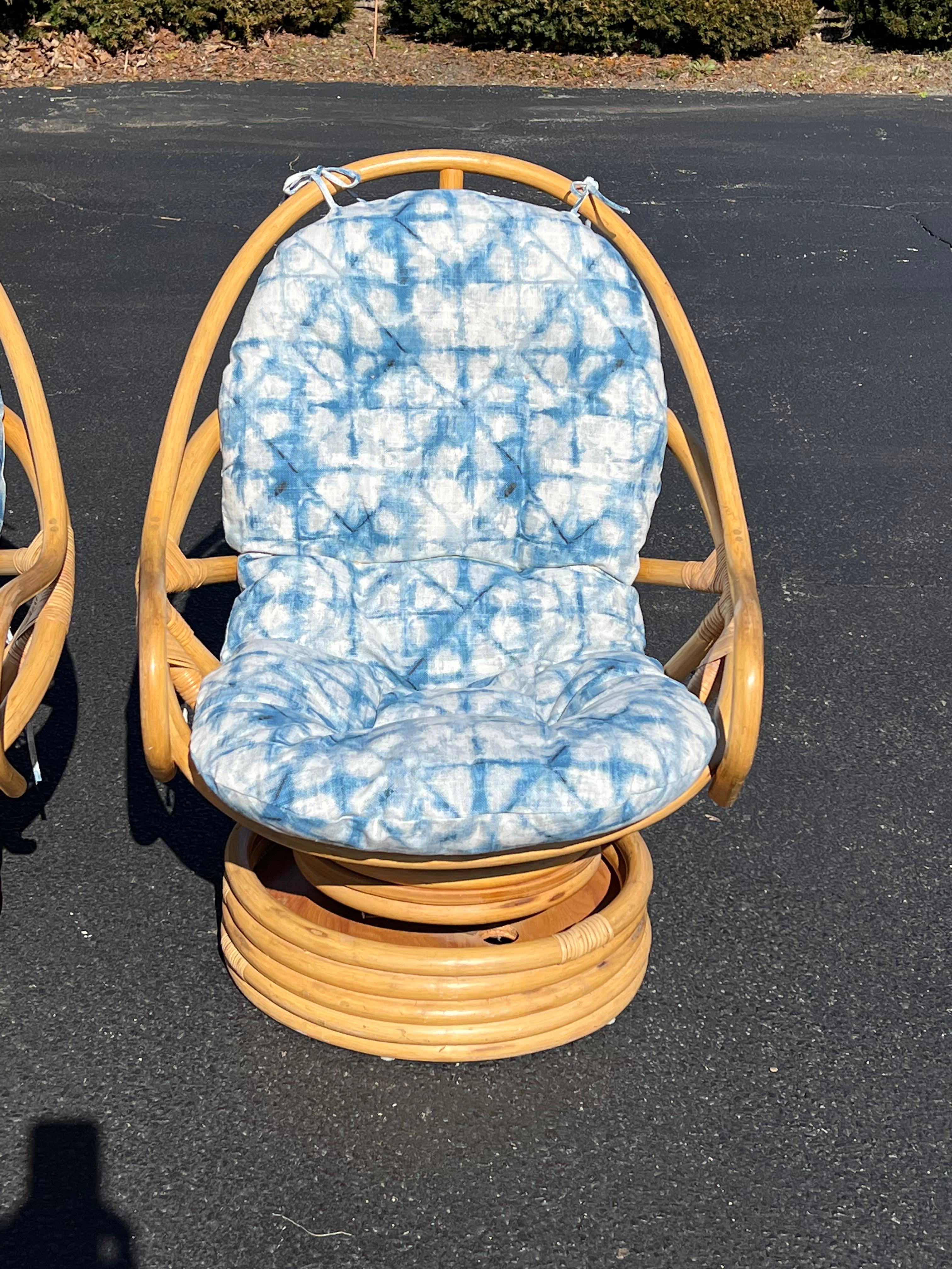 Pair of Boho Rattan Bamboo Swivel Chairs For Sale 5