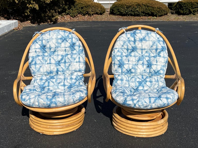 Pair of Boho Rattan Bamboo Swivel Chairs For Sale at 1stDibs