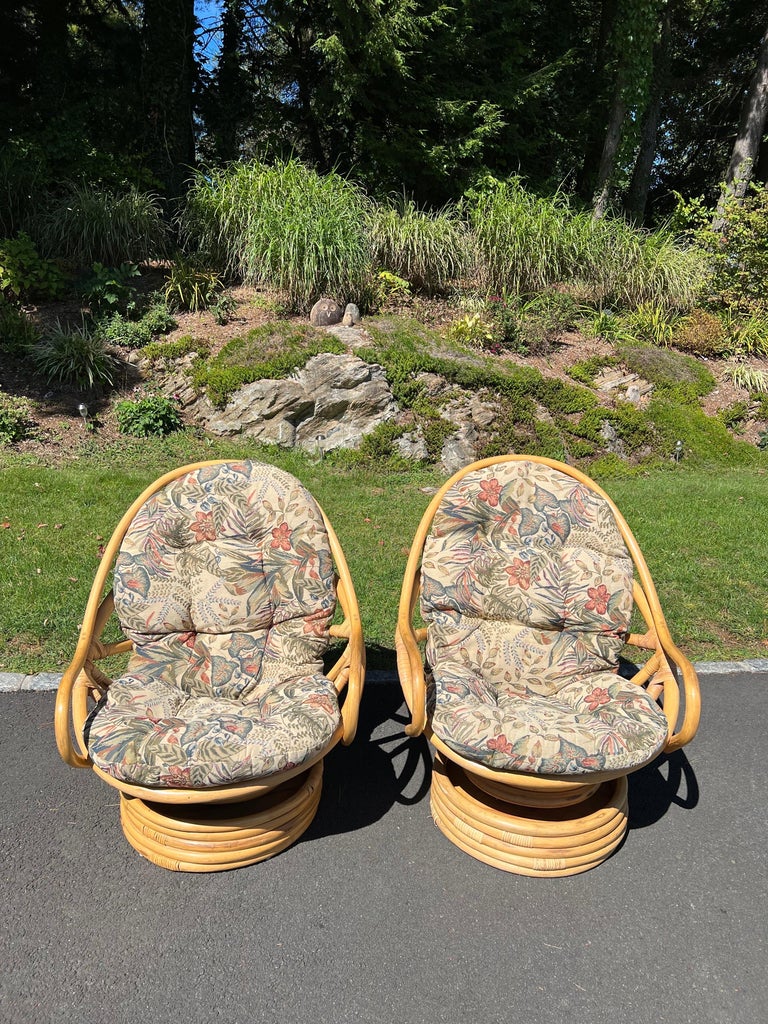 Pair of Boho Rattan Swivel Chairs For Sale at 1stDibs