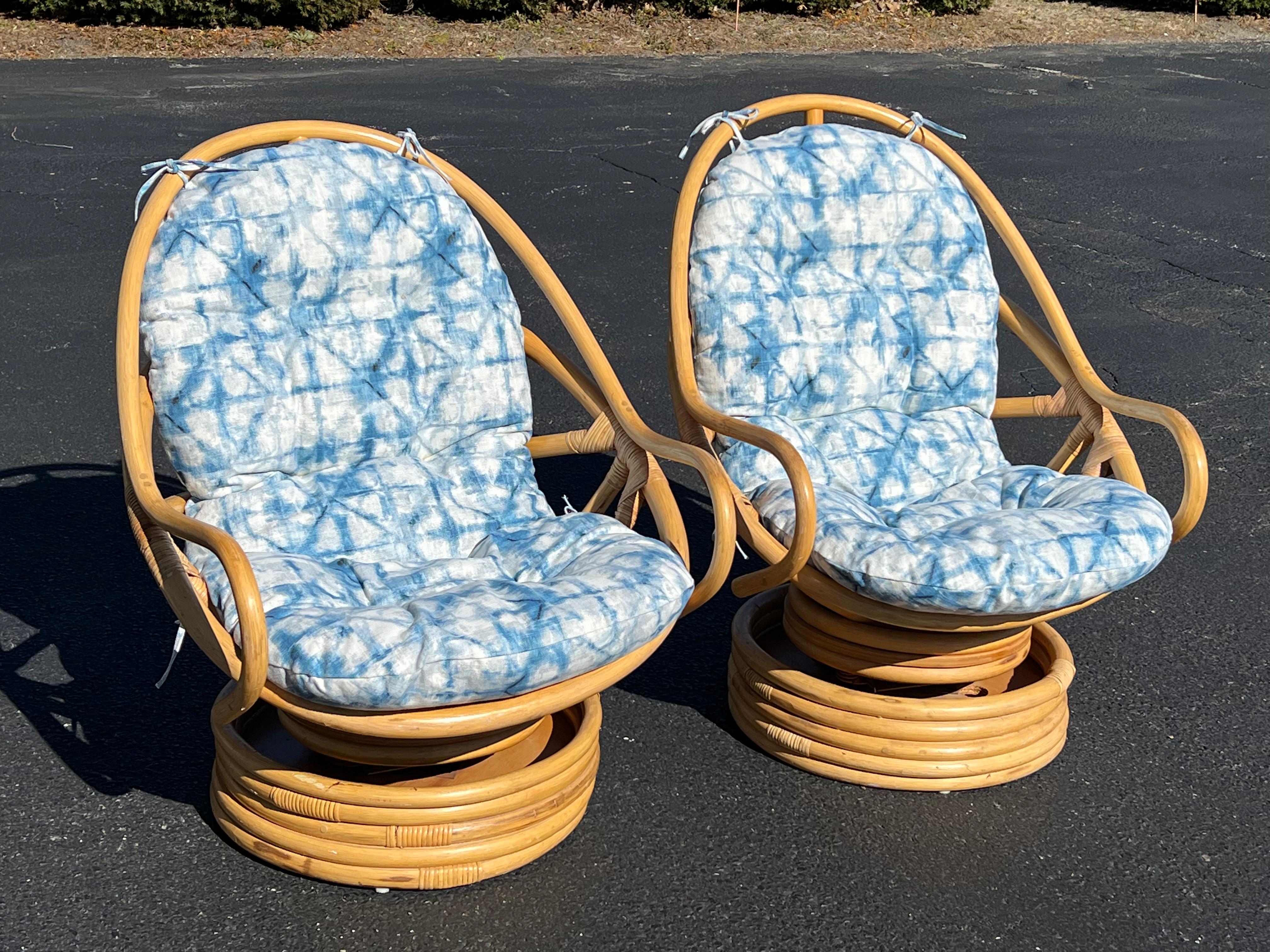 Bohemian Pair of Boho Rattan Bamboo Swivel Chairs For Sale