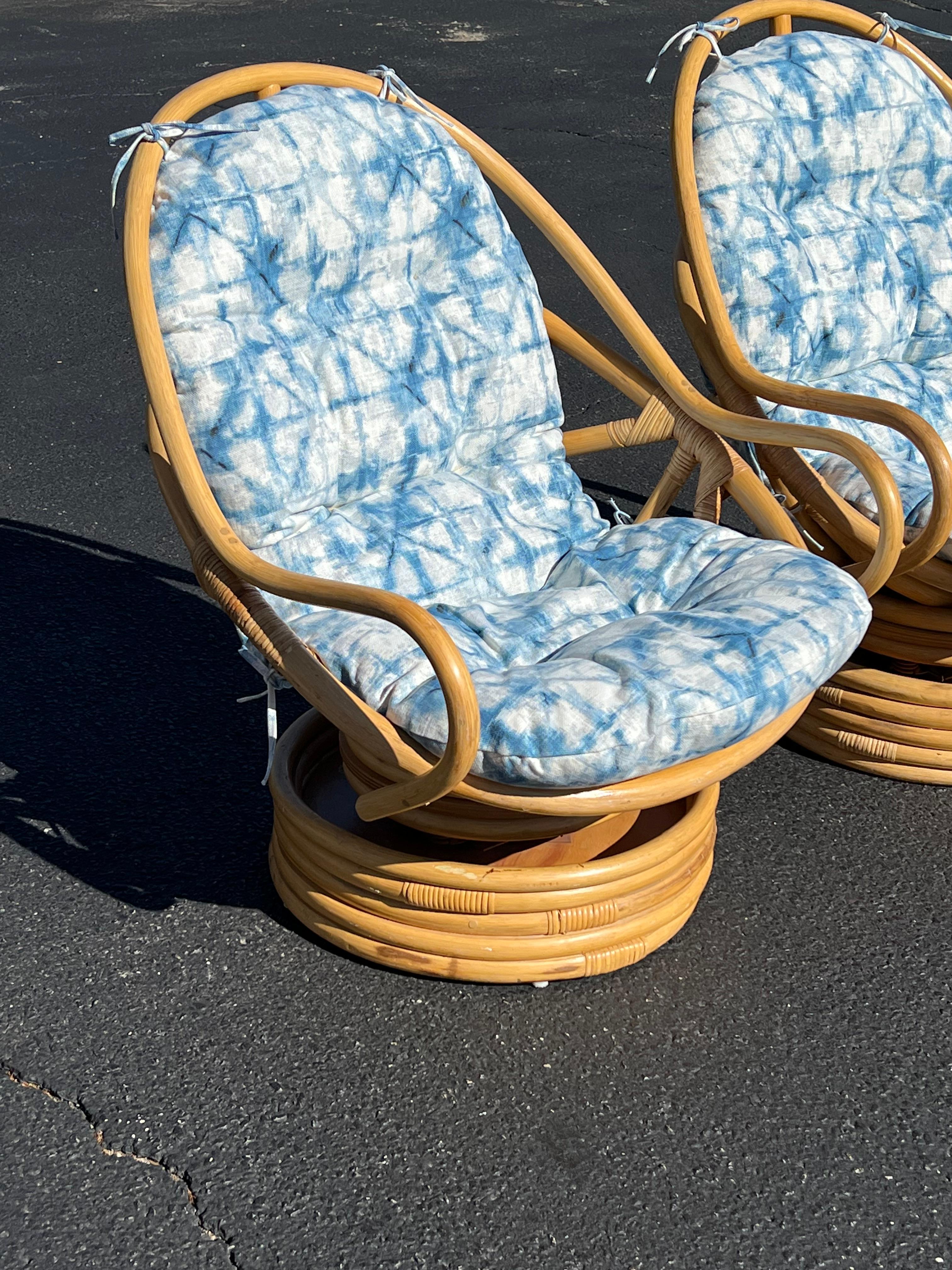 Pair of Boho Rattan Bamboo Swivel Chairs In Good Condition For Sale In Redding, CT