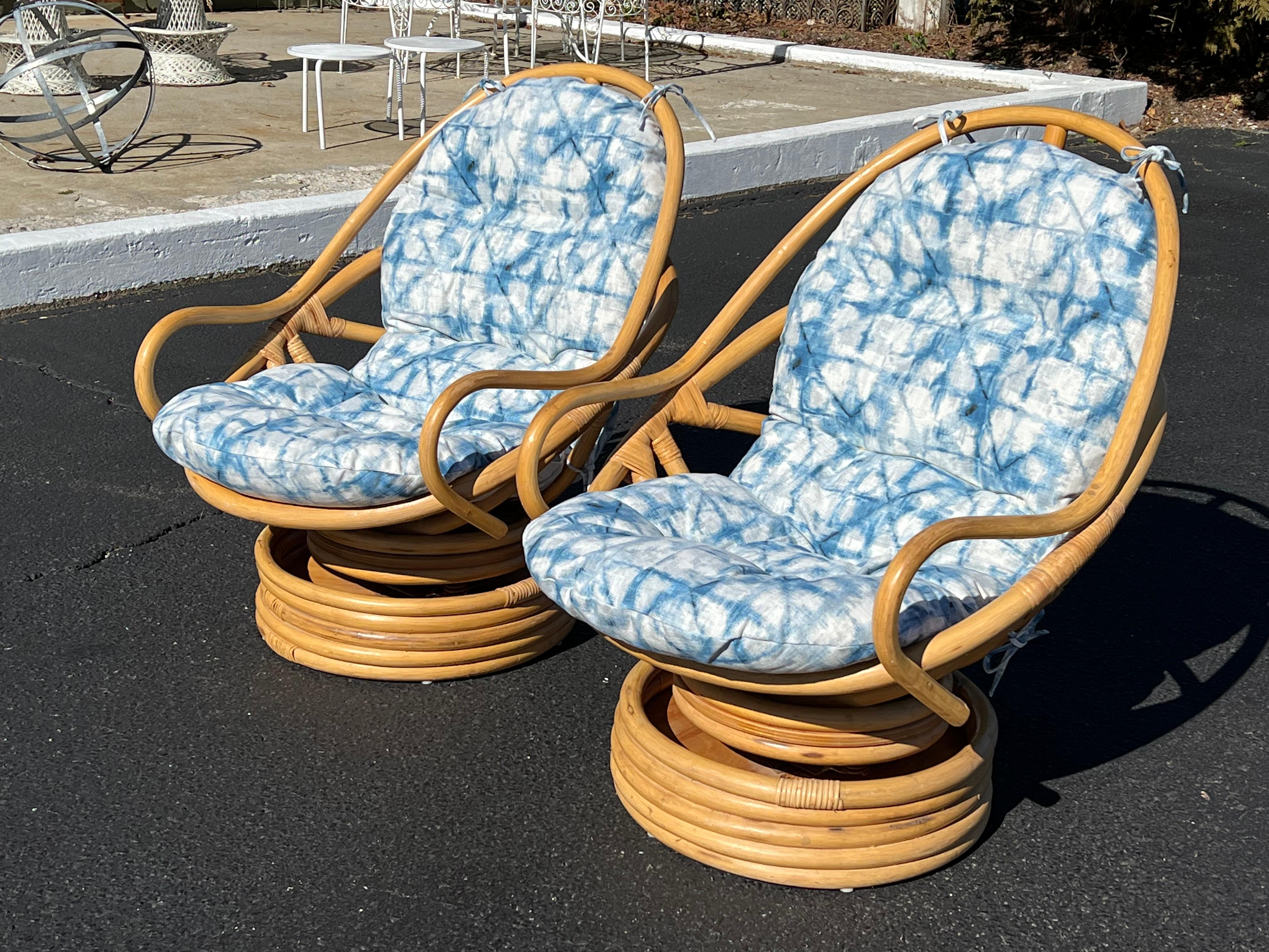 Pair of Boho Rattan Bamboo Swivel Chairs For Sale 1