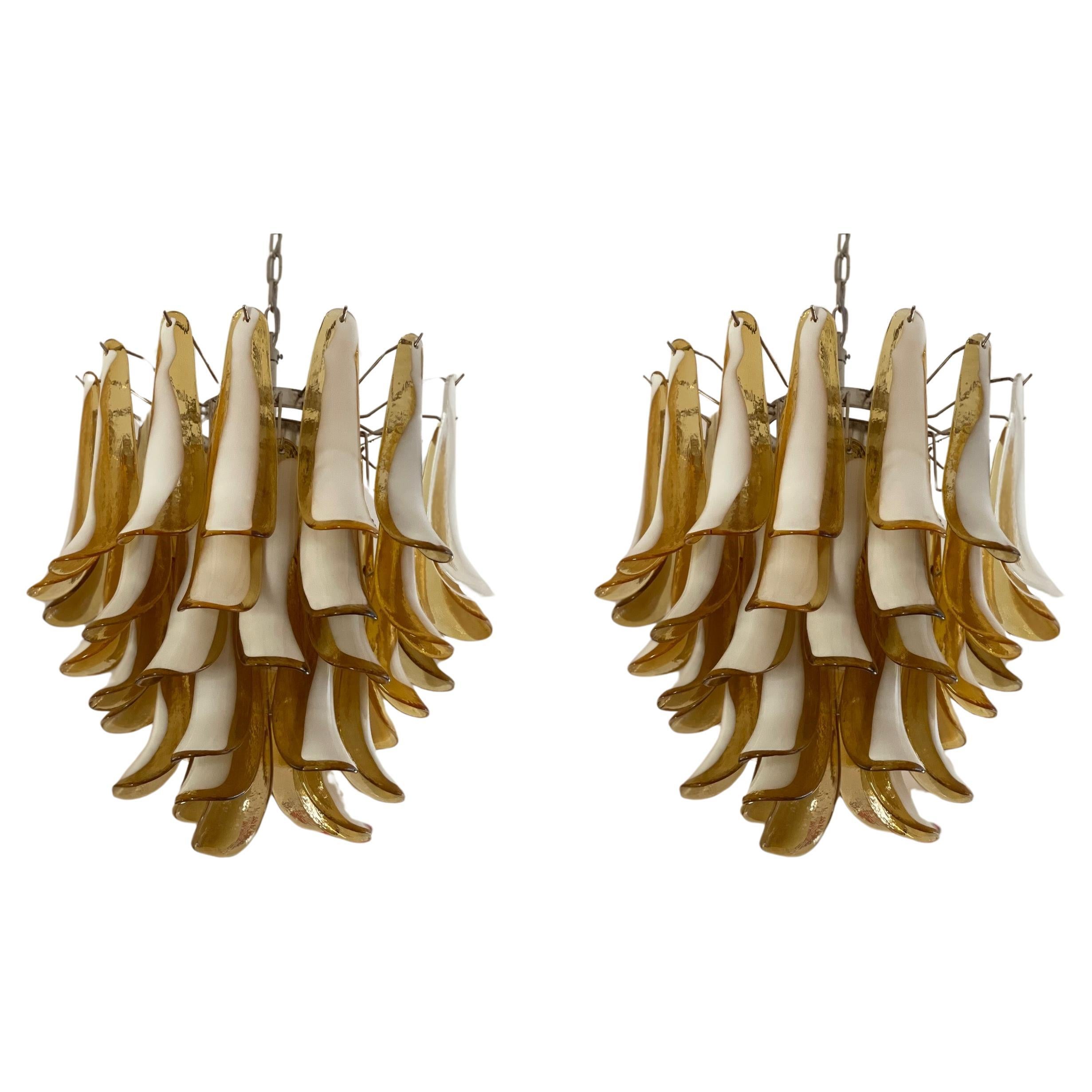 Pair of Bold Eclectic Colorful Murano Chandeliers in Amber tone For Sale