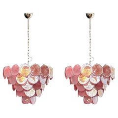 Pair of Bold Pink Murano Disc Chandeliers in the Style of Vistosi.