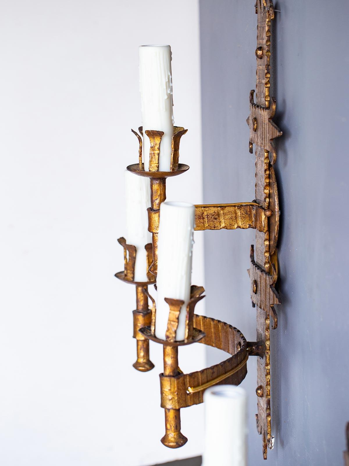 Pair of Bold Scale French Three-Arm Gilded Iron Two Tier Sconces, circa 1920 5