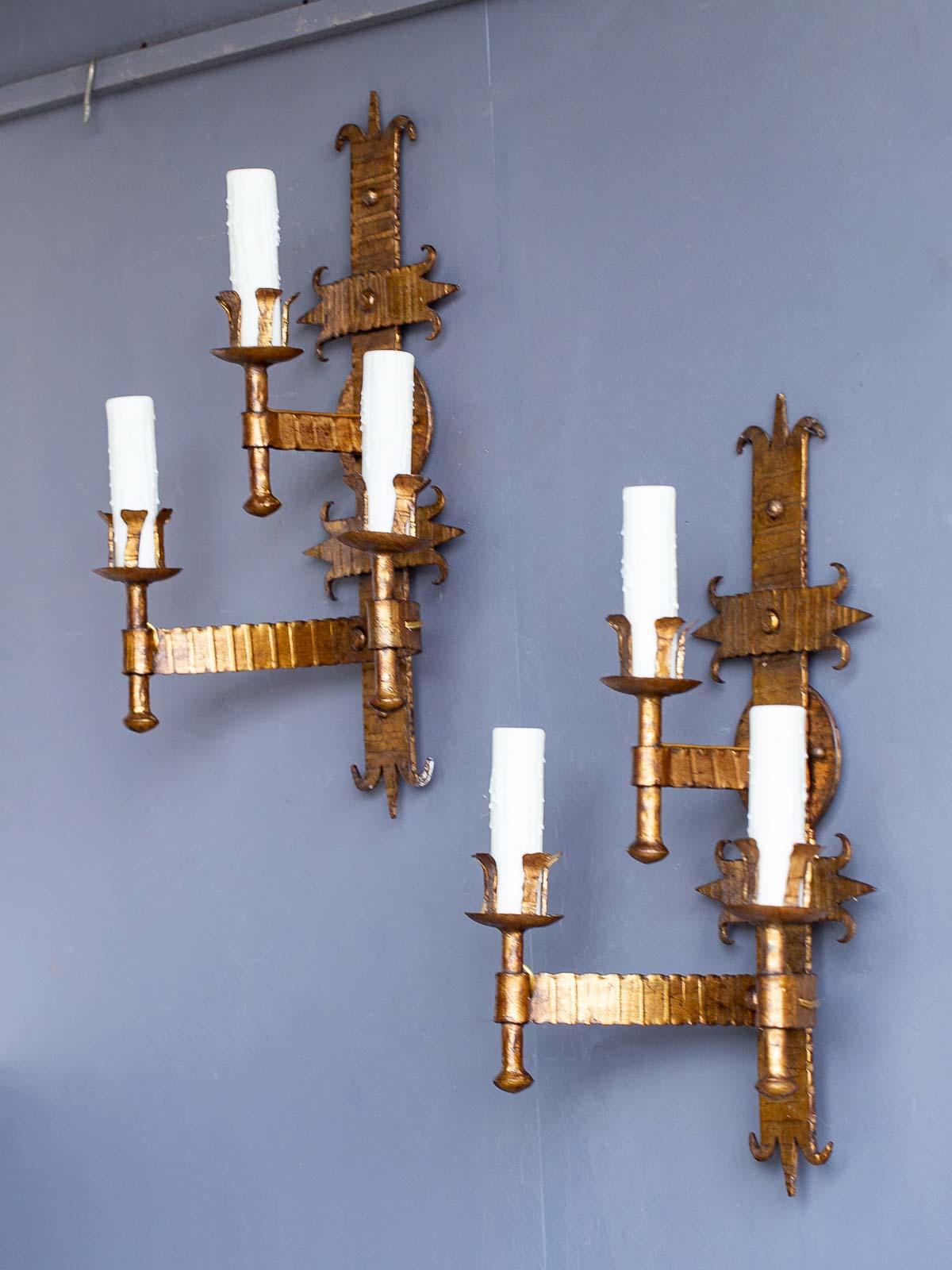 Pair of Bold Scale French Three-Arm Gilded Iron Two Tier Sconces, circa 1920 7