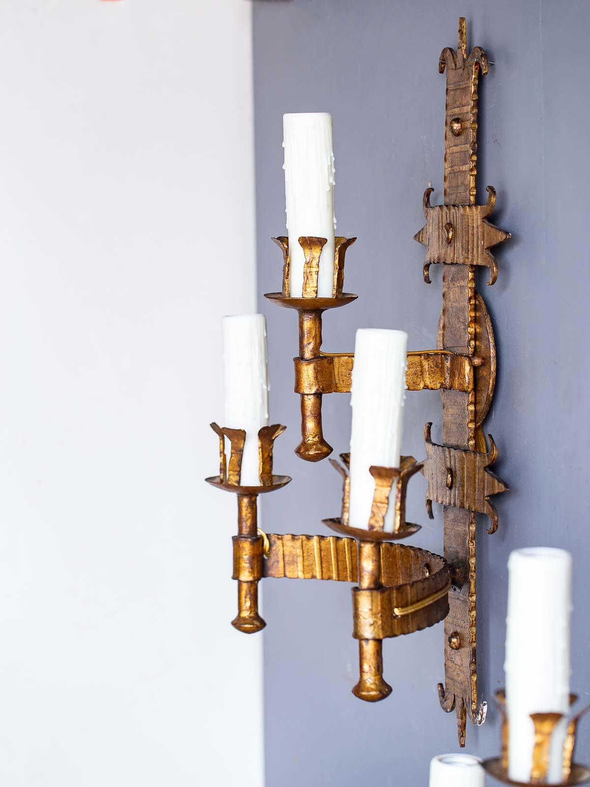 Pair of Bold Scale French Three-Arm Gilded Iron Two Tier Sconces, circa 1920 In Good Condition In Houston, TX