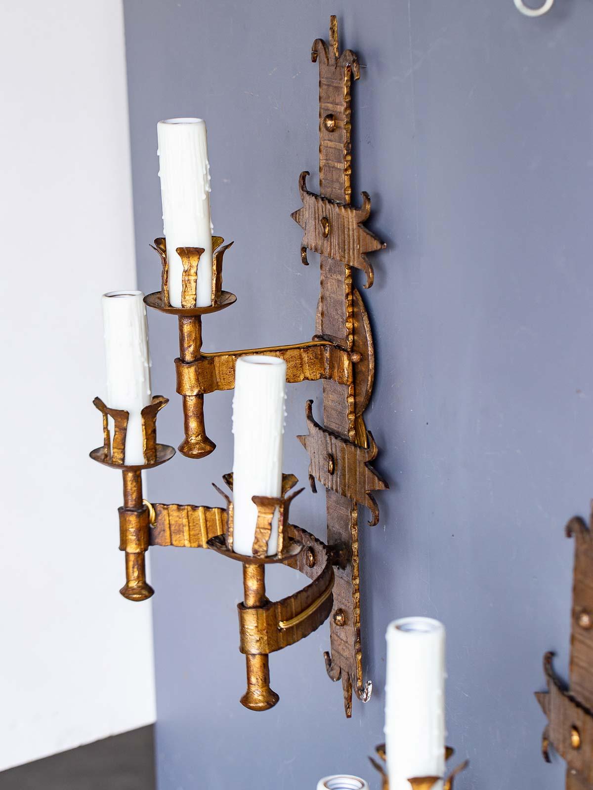 20th Century Pair of Bold Scale French Three-Arm Gilded Iron Two Tier Sconces, circa 1920