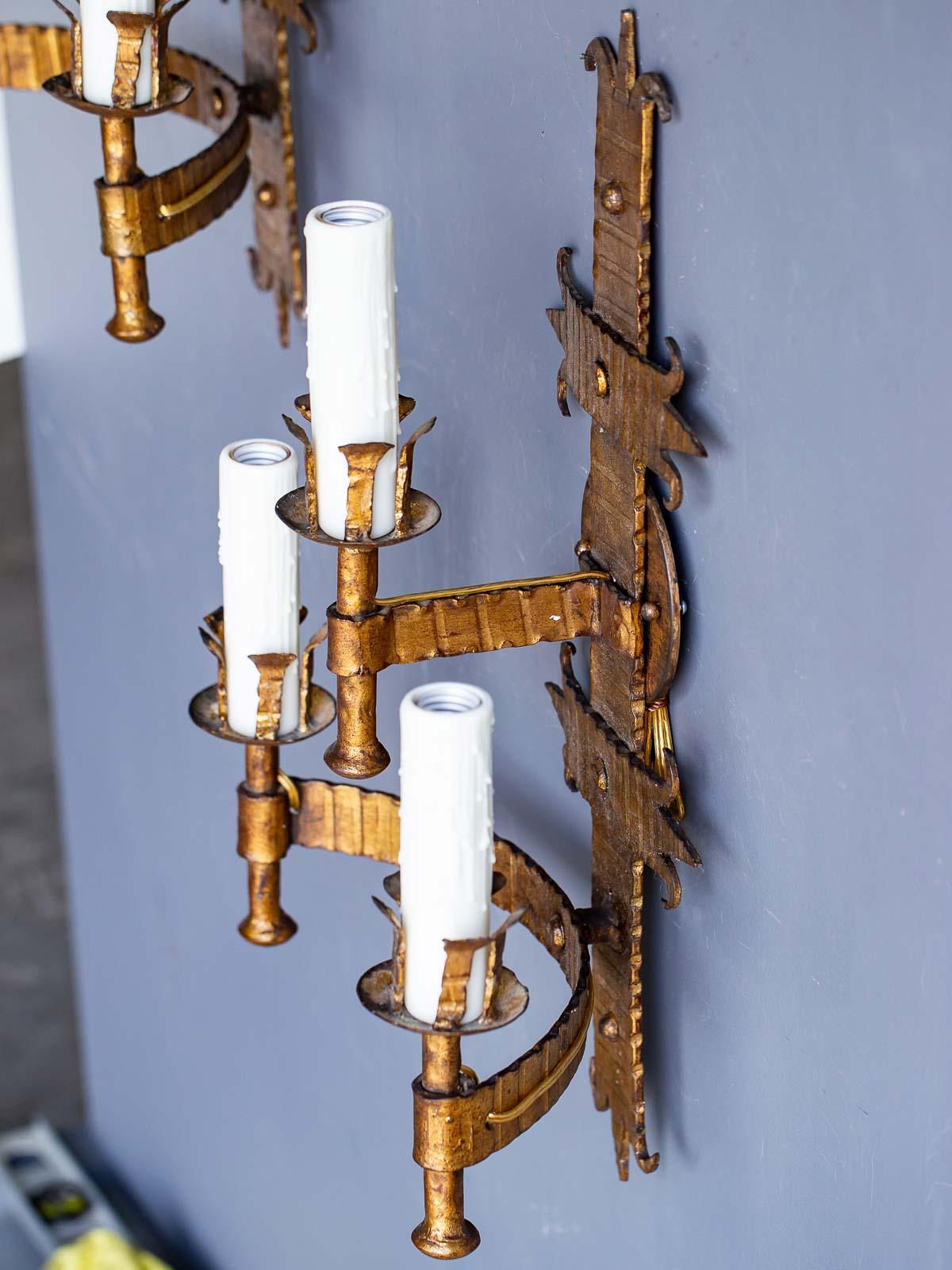 Pair of Bold Scale French Three-Arm Gilded Iron Two Tier Sconces, circa 1920 1