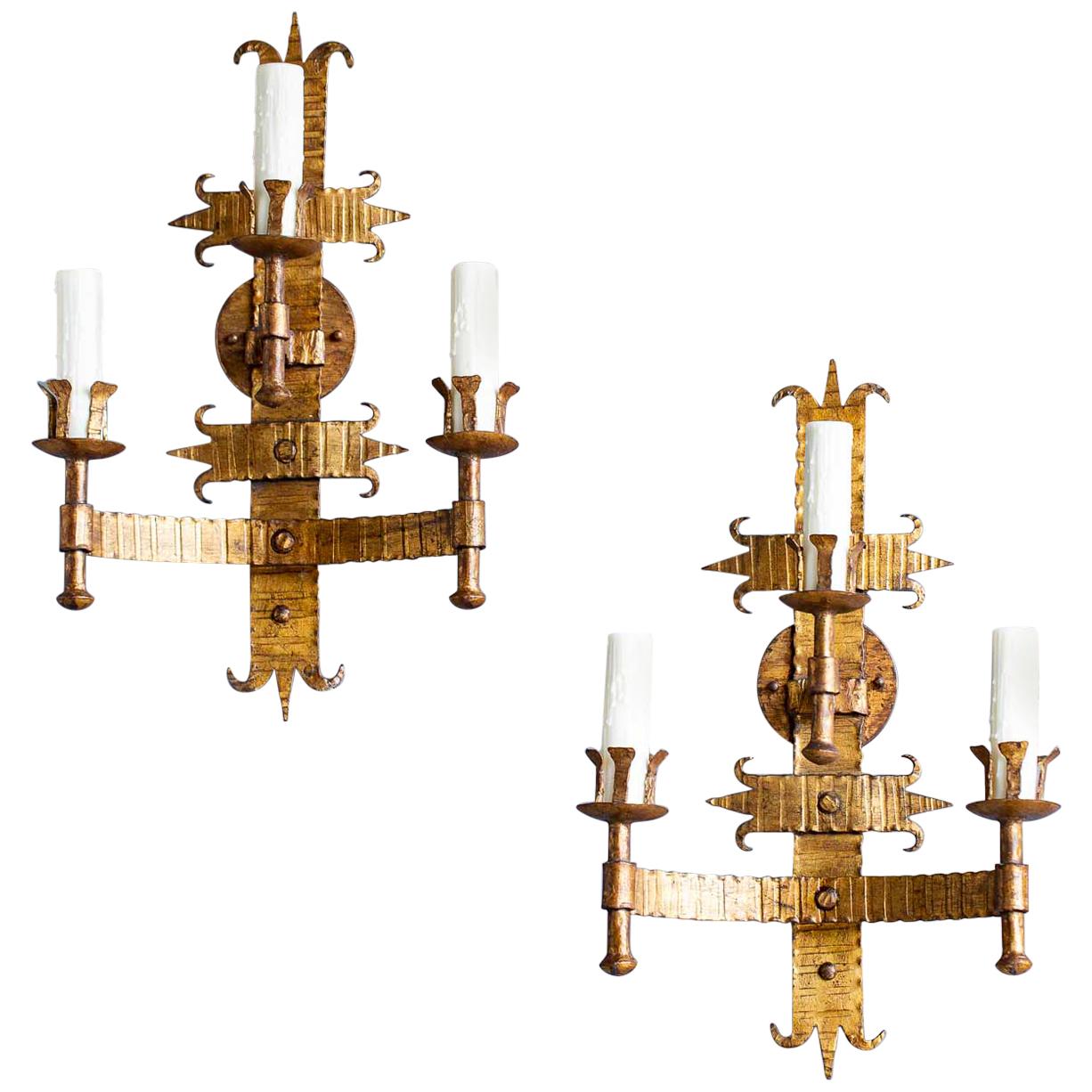 Pair of Bold Scale French Three-Arm Gilded Iron Two Tier Sconces, circa 1920
