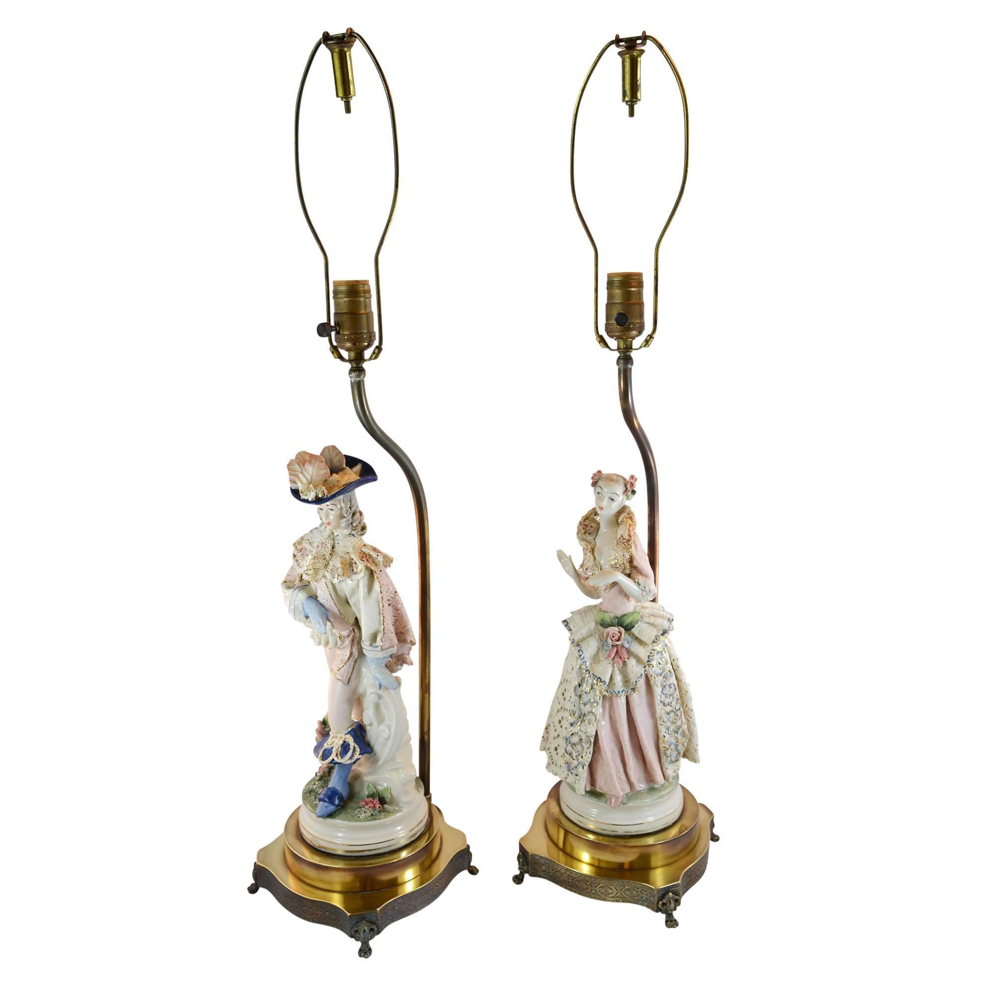 Louis XVI Pair of Boleslaw Cybis Cordey Lamps with Man and Woman