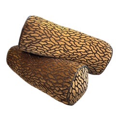 Custom pair of bolster pillows with luxurious patterned velvet and leather trim