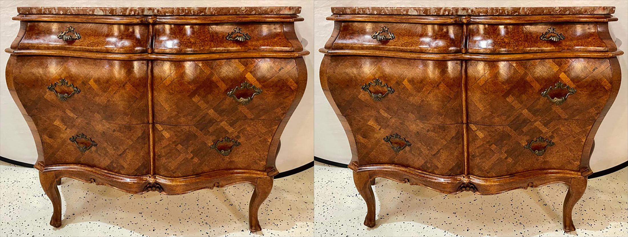 Louis XV Pair of Bombay Commodes, Nightstands or Chests, Italian Olive Wood Marble Top