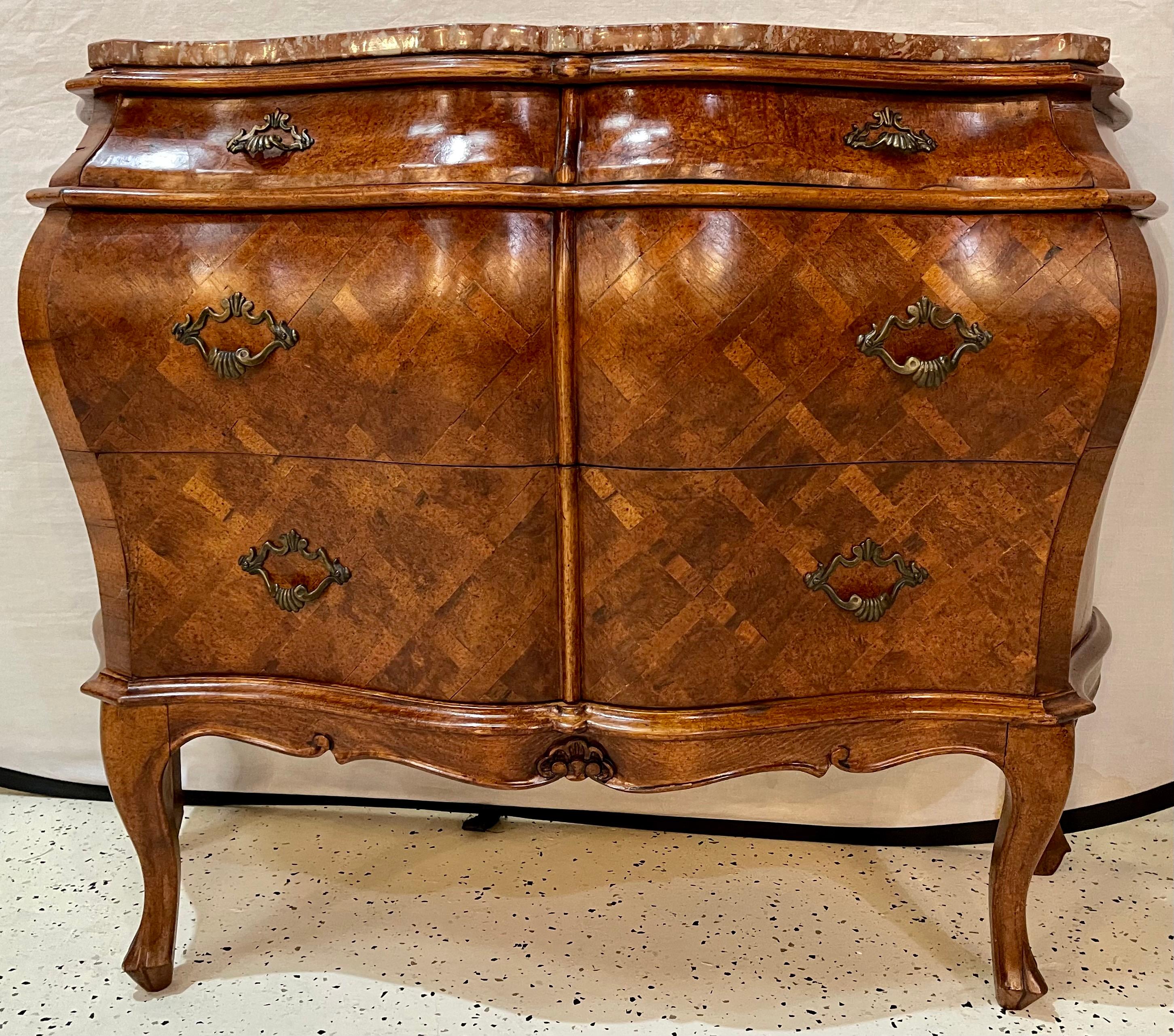 Pair of Bombay Commodes, Nightstands or Chests, Italian Olive Wood Marble Top In Good Condition In Stamford, CT