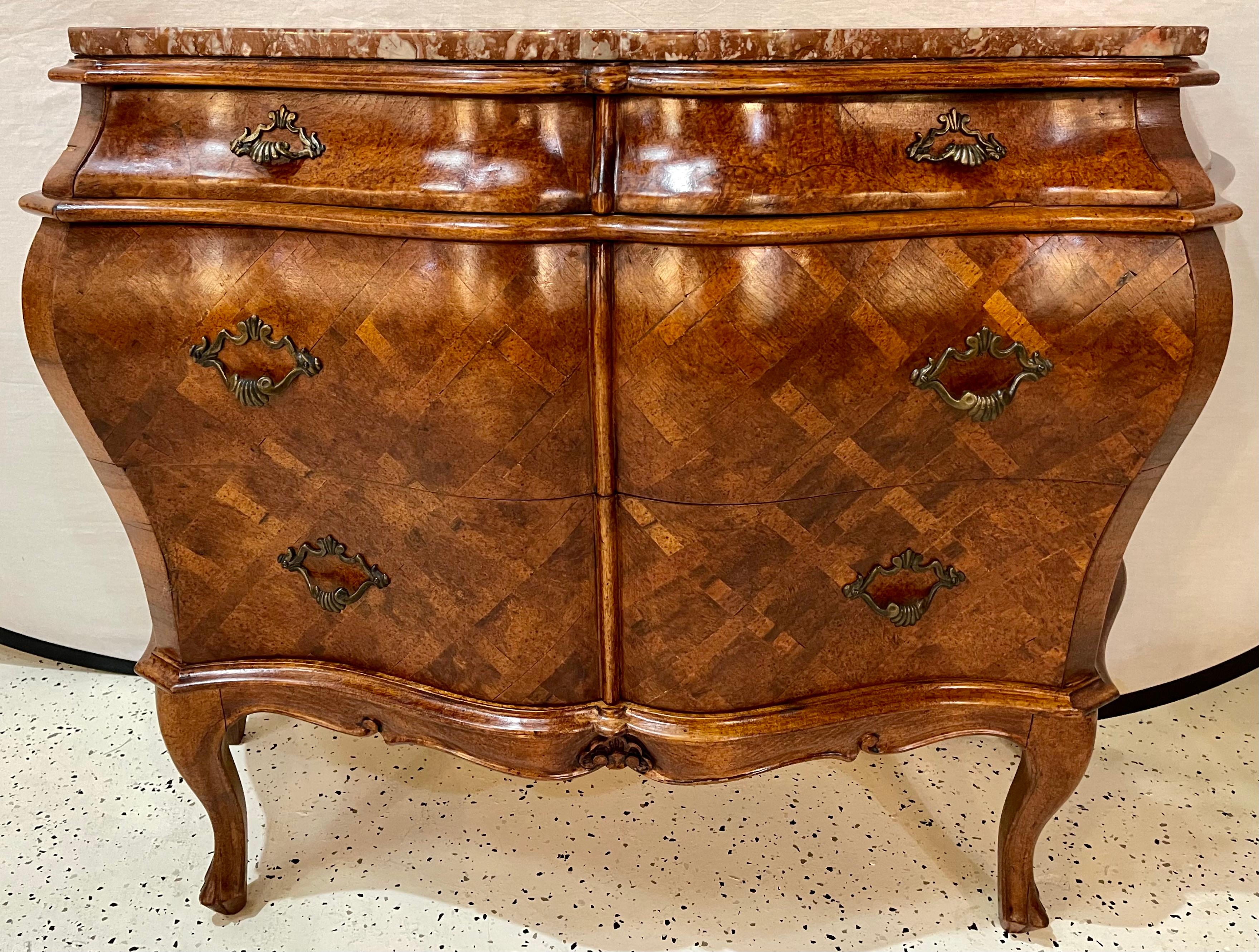 Mid-20th Century Pair of Bombay Commodes, Nightstands or Chests, Italian Olive Wood Marble Top