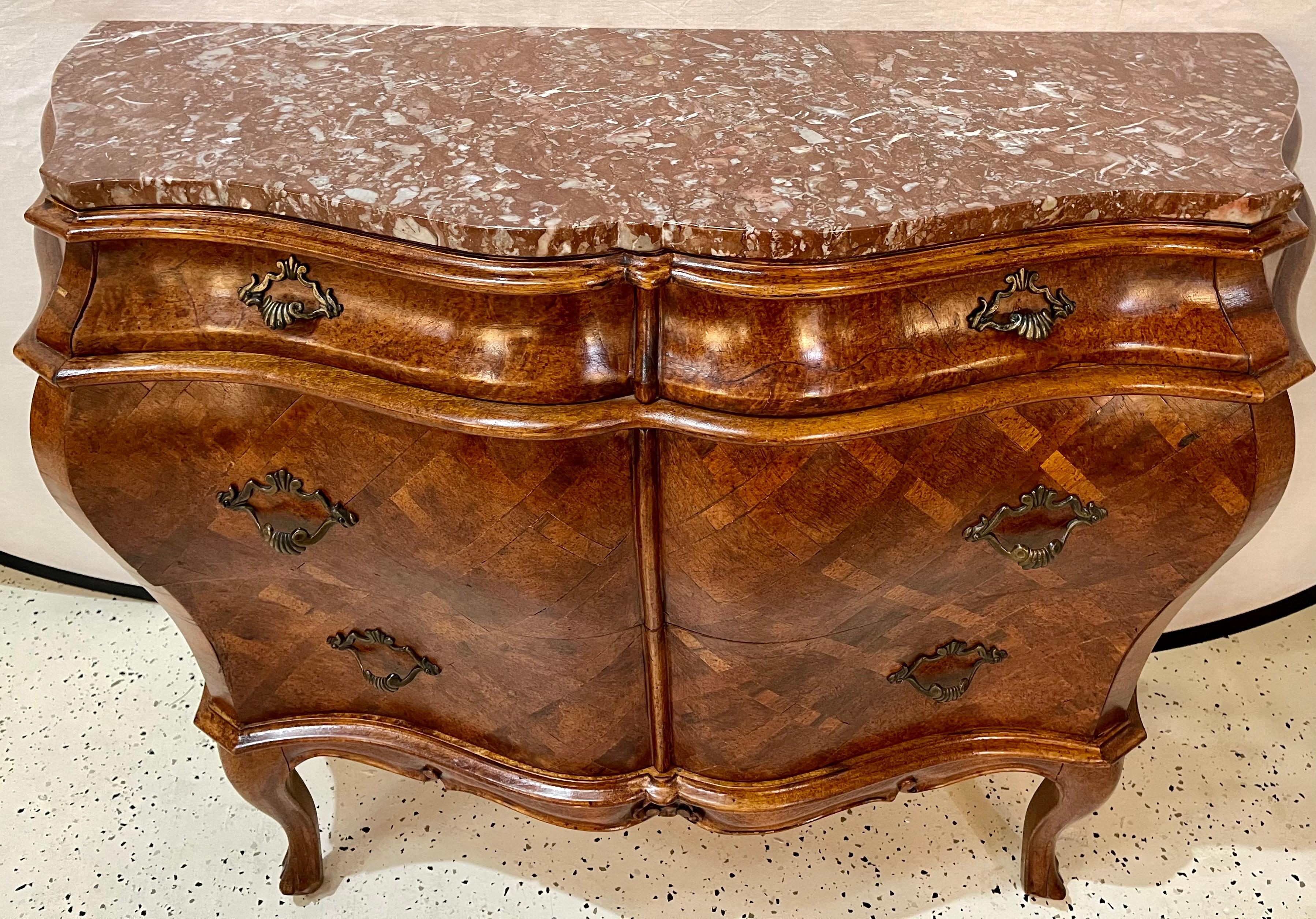 Pair of Bombay Commodes, Nightstands or Chests, Italian Olive Wood Marble Top 1