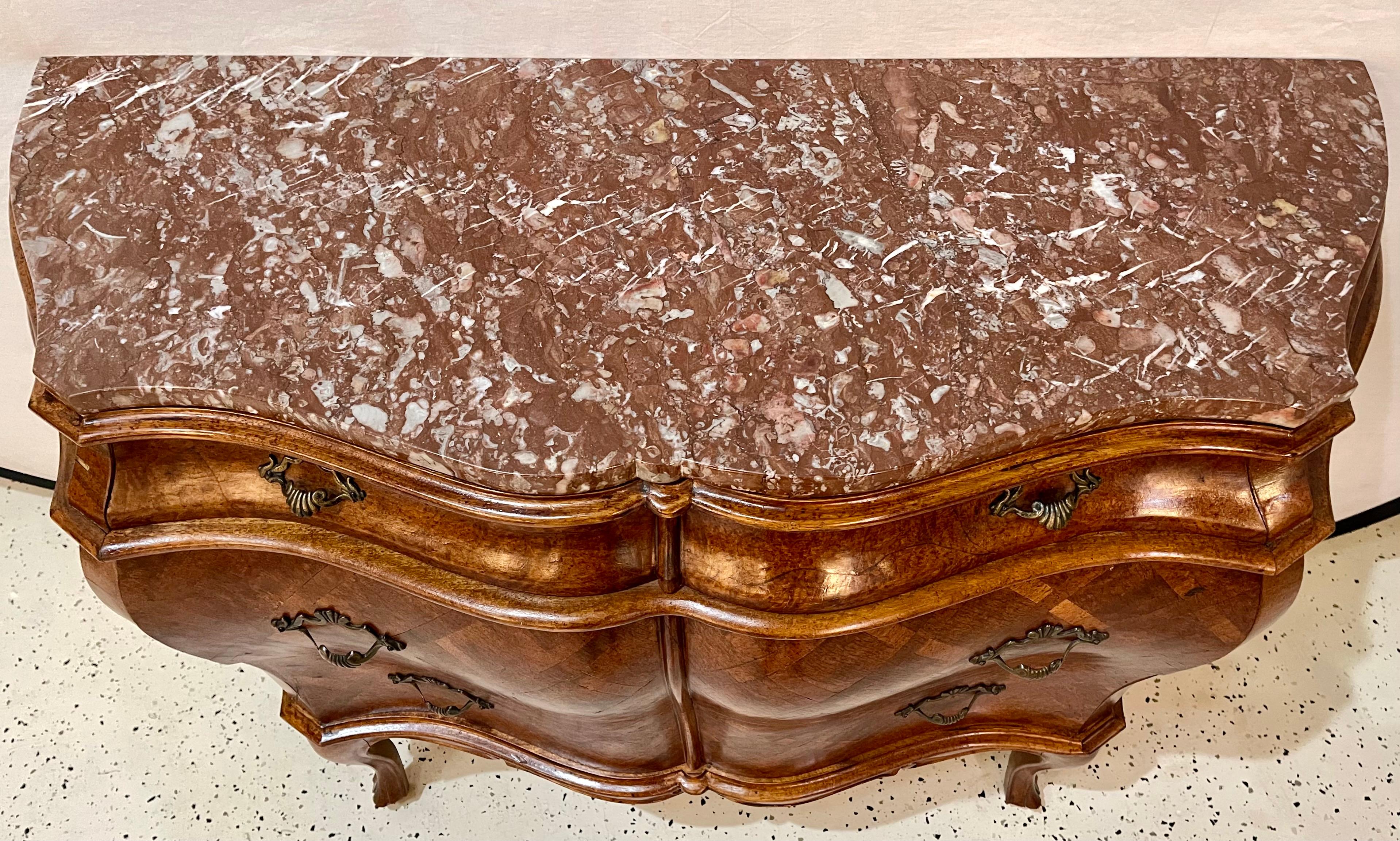 Pair of Bombay Commodes, Nightstands or Chests, Italian Olive Wood Marble Top 2