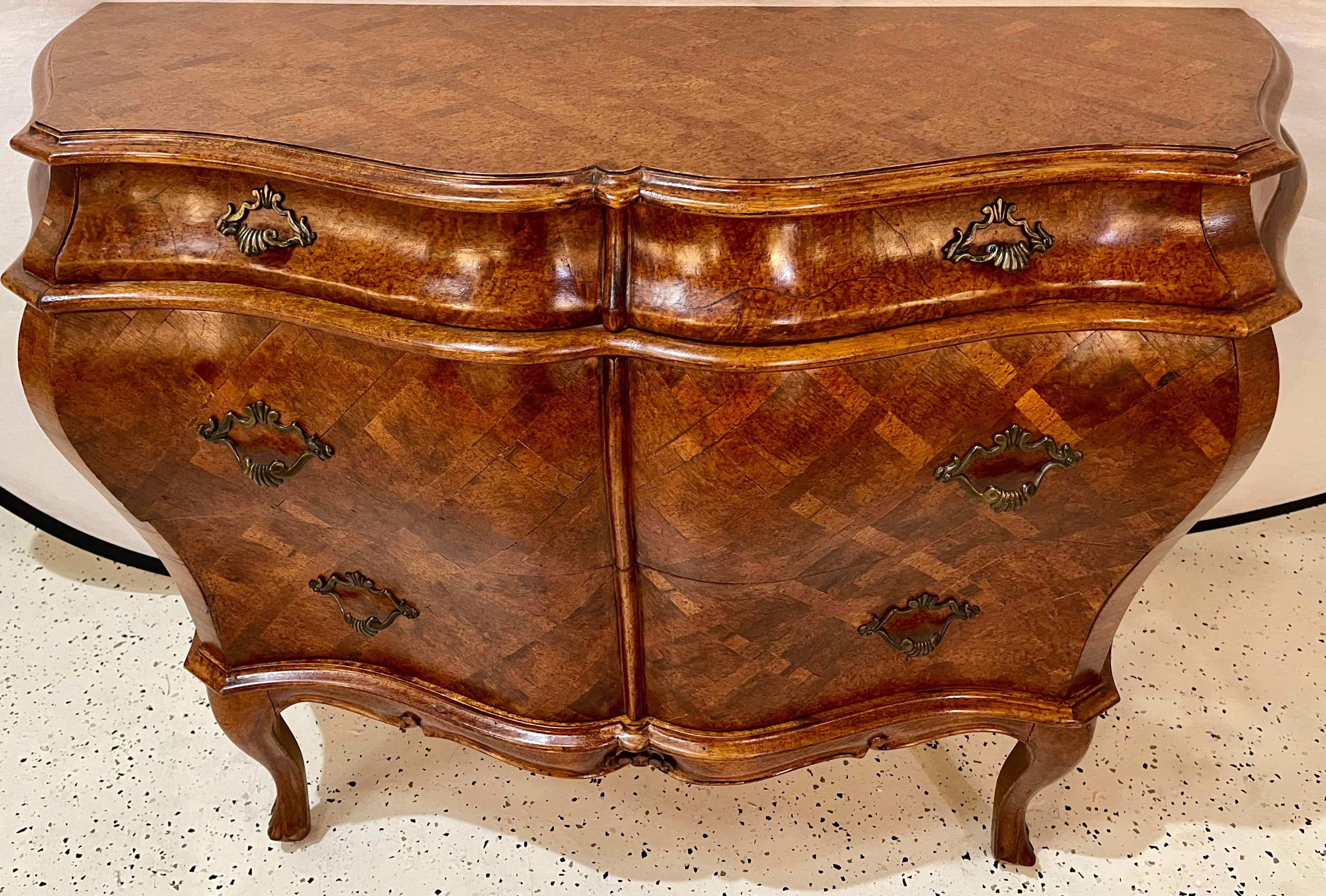 Pair of Bombay Commodes, Nightstands or Chests, Italian Olive Wood Marble Top 3