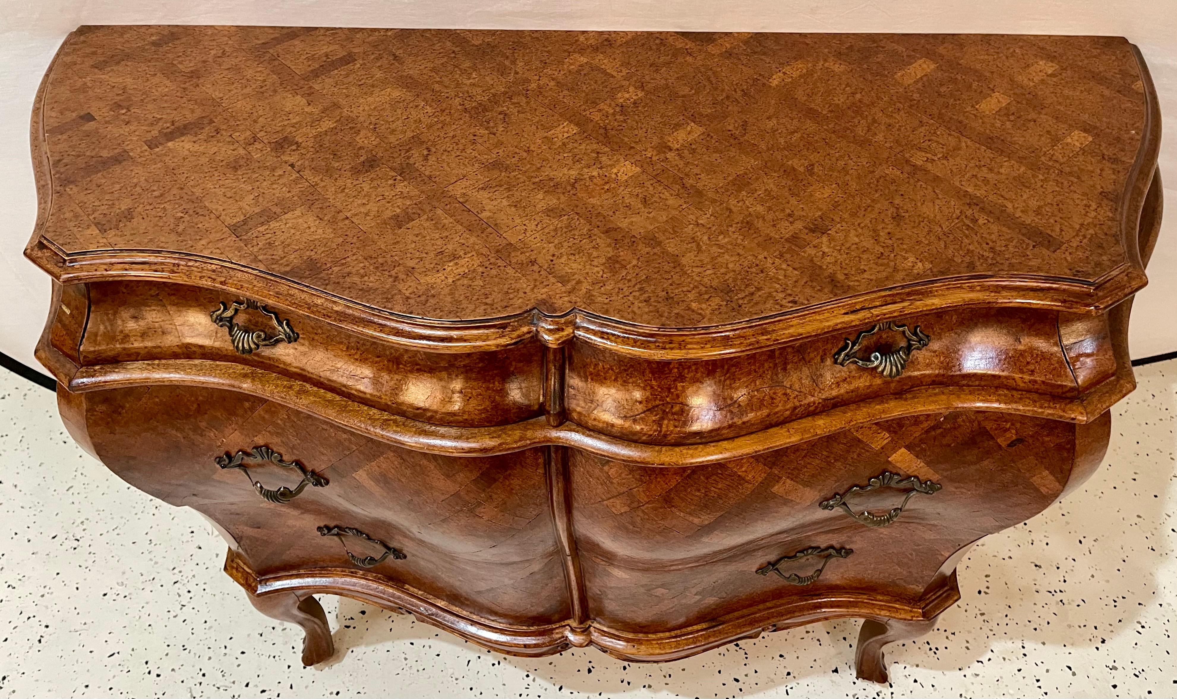 Pair of Bombay Commodes, Nightstands or Chests, Italian Olive Wood Marble Top 4