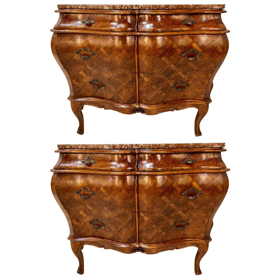 Pair of Bombay Commodes, Nightstands or Chests, Italian Olive Wood Marble Top