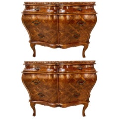 Pair of Bombay Commodes, Nightstands or Chests, Italian Olive Wood Marble Top