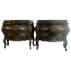 Vintage Pair of Bombay Ebonized Nightstands or End Tables Louis XV Style