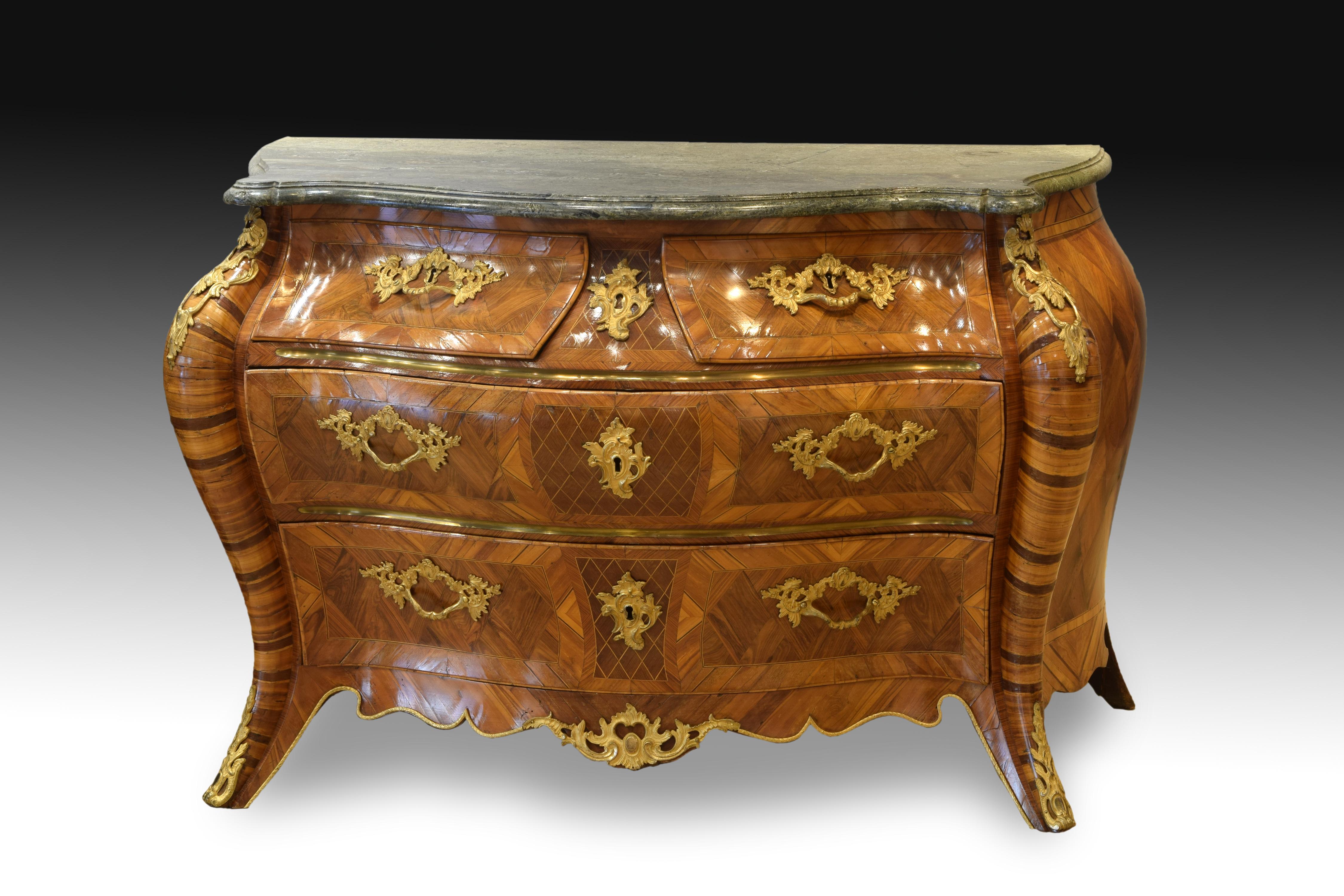 Rococo Pair of Bombe Commodes, Wood, Marble, Bronze, Sweden, 18th Century
