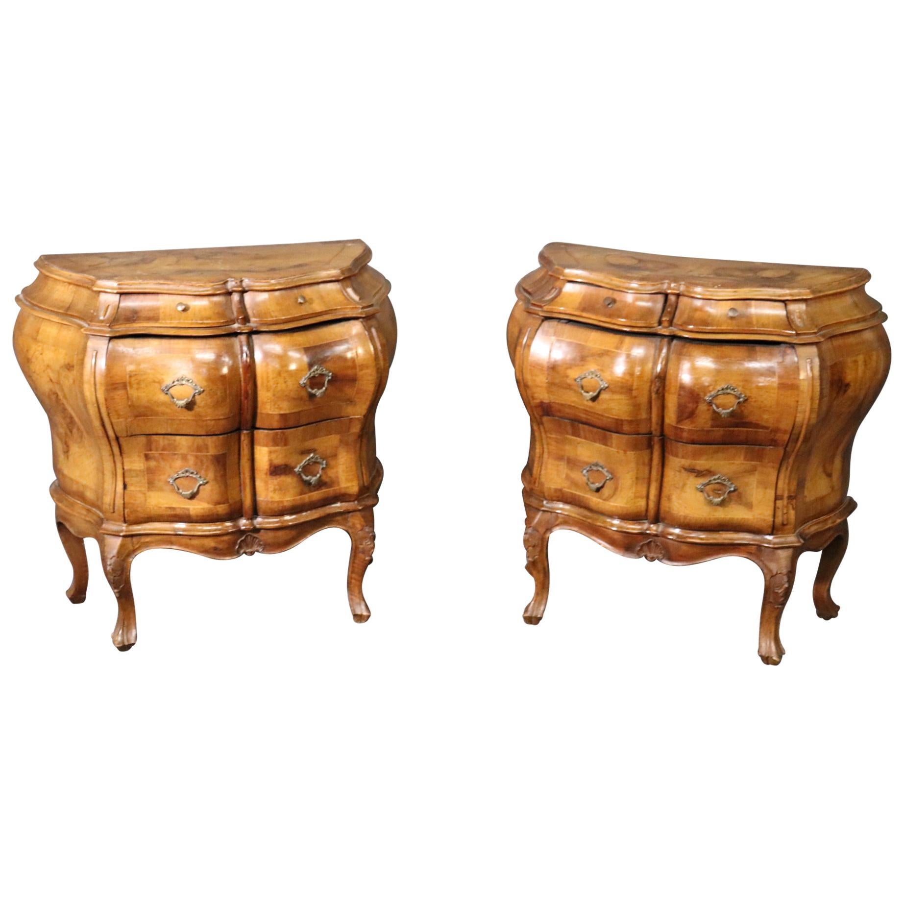 Pair of Bombe Italian Rococo Burled Olive Wood Nightstands Commodes, circa 1940