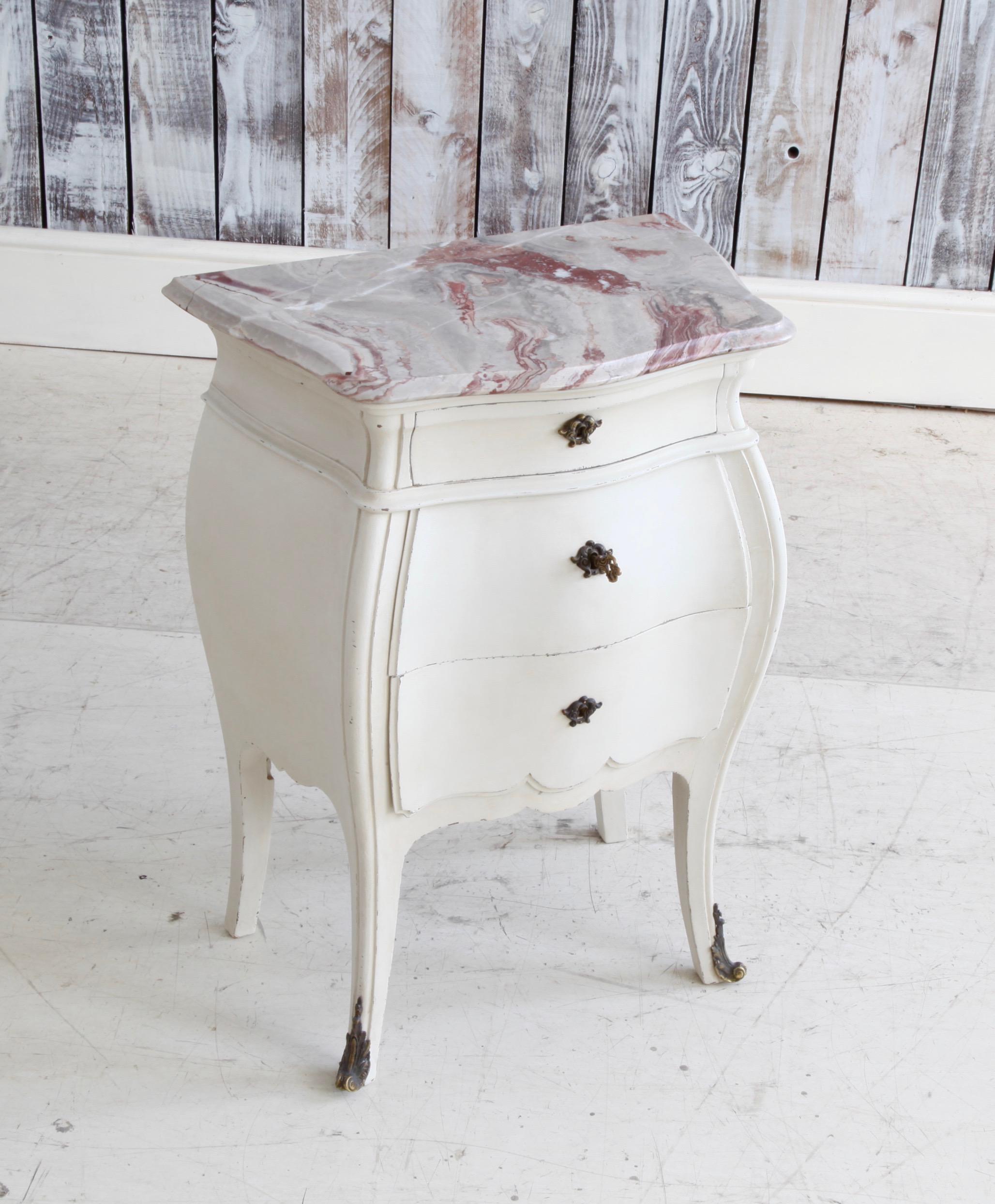19th Century Pair of Bombe Louis XV Style Painted Bedside Tables with Marble Top