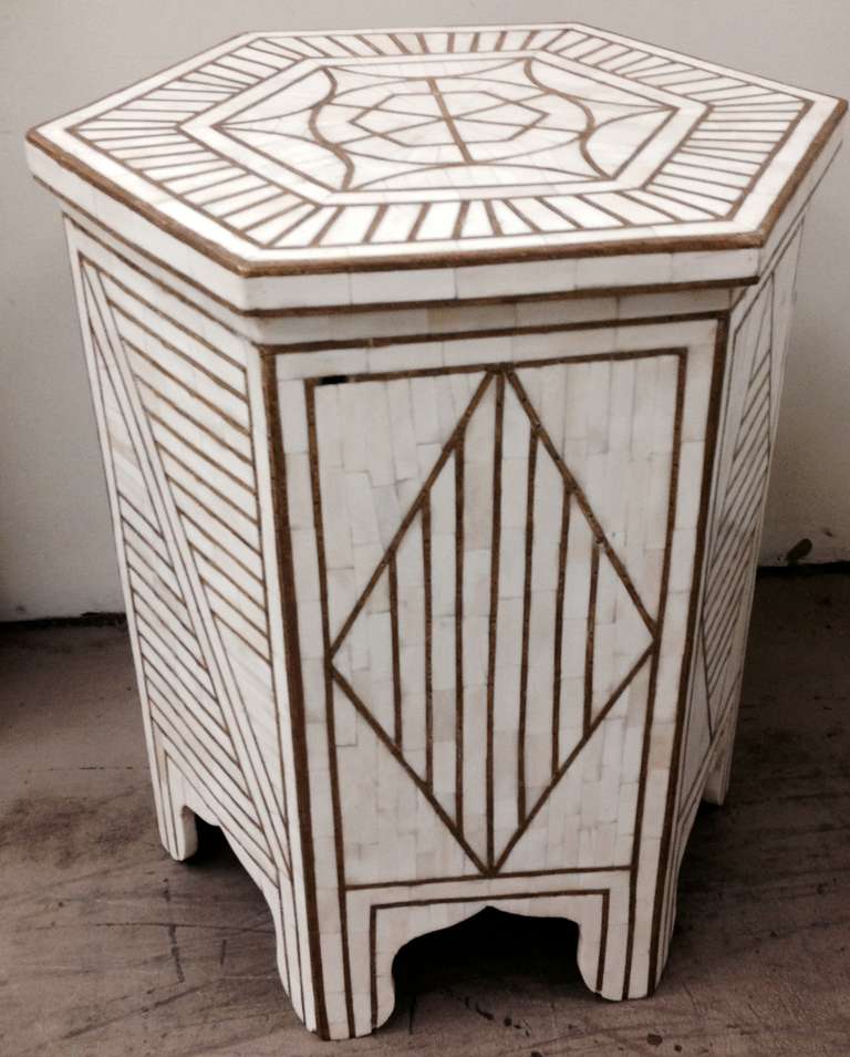 Great looking Moorish style side table with bone and brass inlay. Price is per table. Not for pair. Quantity of two.