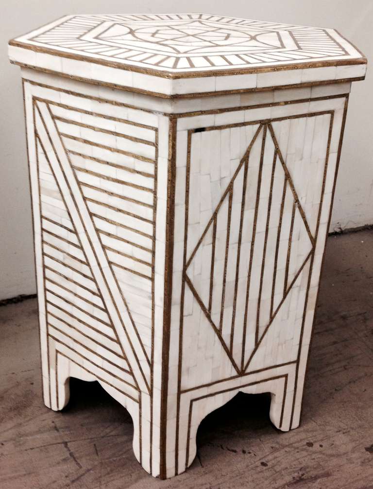 Pair of Bone and Brass Hexagonal Moorish Side Table with Brass Inlay In Excellent Condition In Montecito, CA