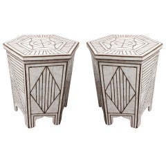 Pair of Bone and Brass Hexagonal Moorish Side Table with Brass Inlay